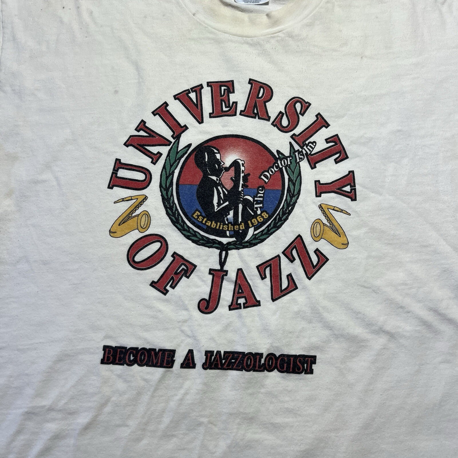 Vintage 90s University Of Jazz The Doctor Is In Art Sax Music Shirt Size XL