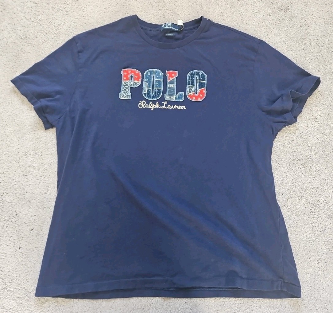 Polo Ralph Lauren T-shirt Mens Size XL Blue Patchwork Crew Blue SS Logos