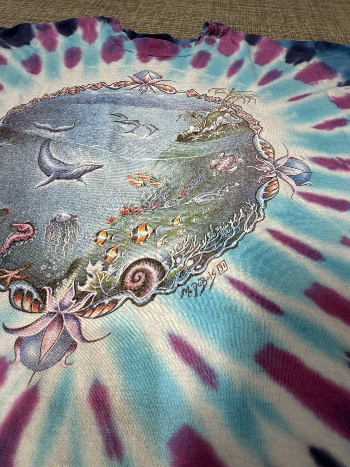 VTG M. Dubois 1991 Blue Tropical Aquatic Dolphins Tie Dye Size XL Single Stitch