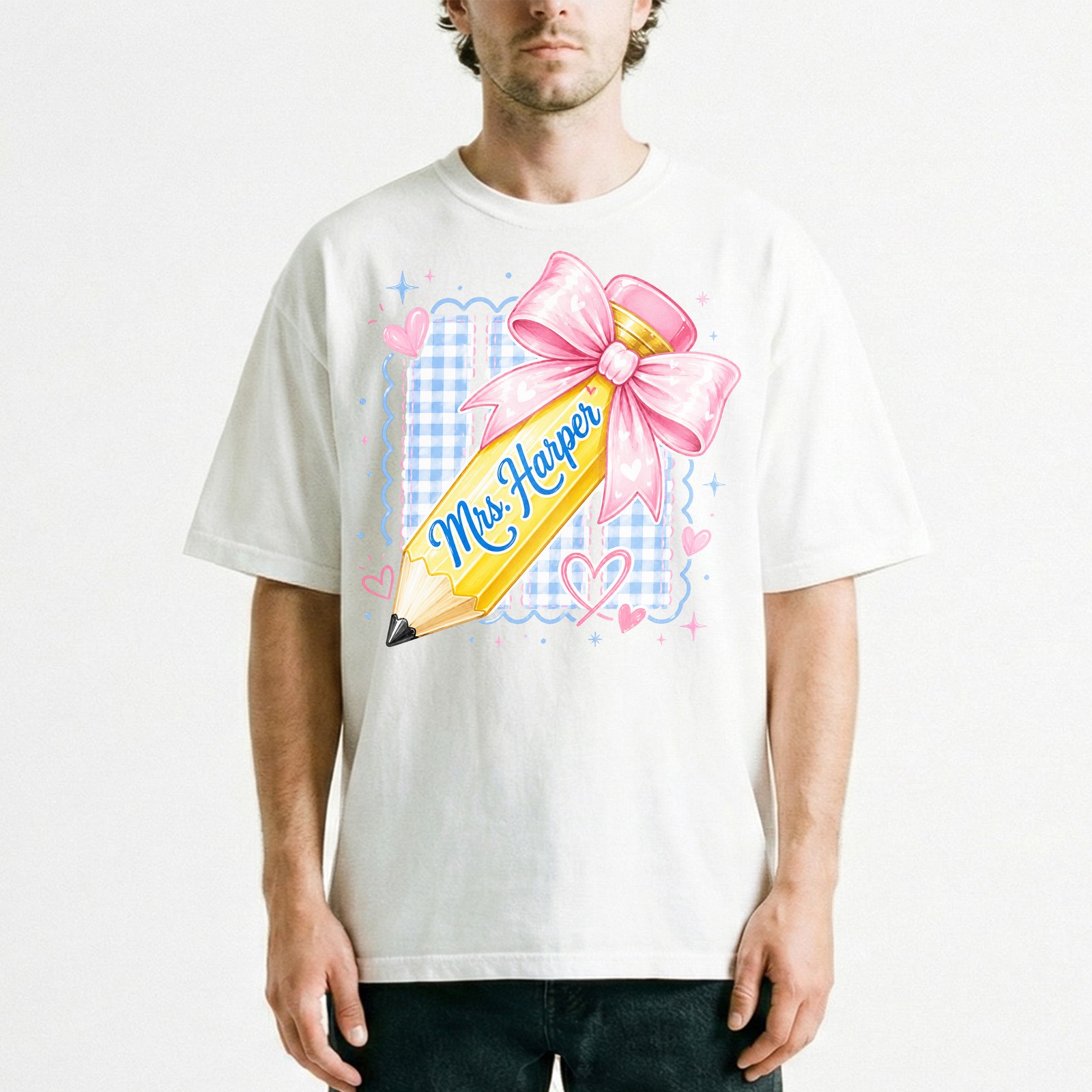 Personalized Pencil Bow Gingham T-Shirt Personalized Teacher Pencil Tee