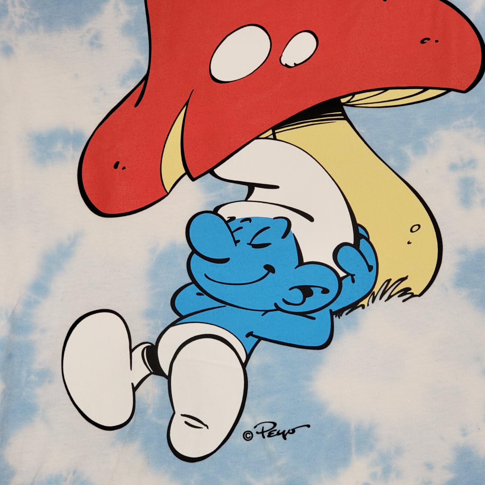 SMURFS Tie Dye SHIRT Mens Medium Blue White Mushroom Casual Animation NWT