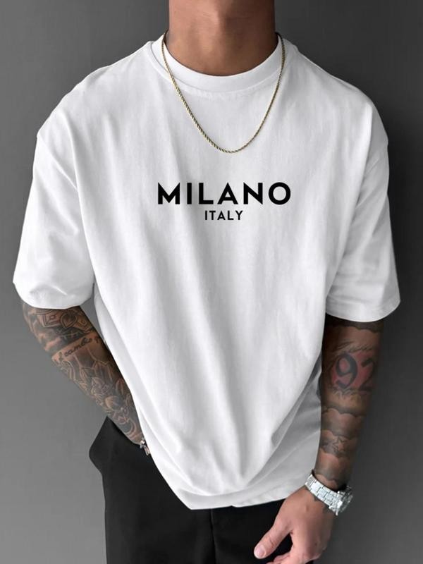 Men&rsquo;s Letter Print Round Neck Tee, Regular Fit Short Sleeve T-shirt