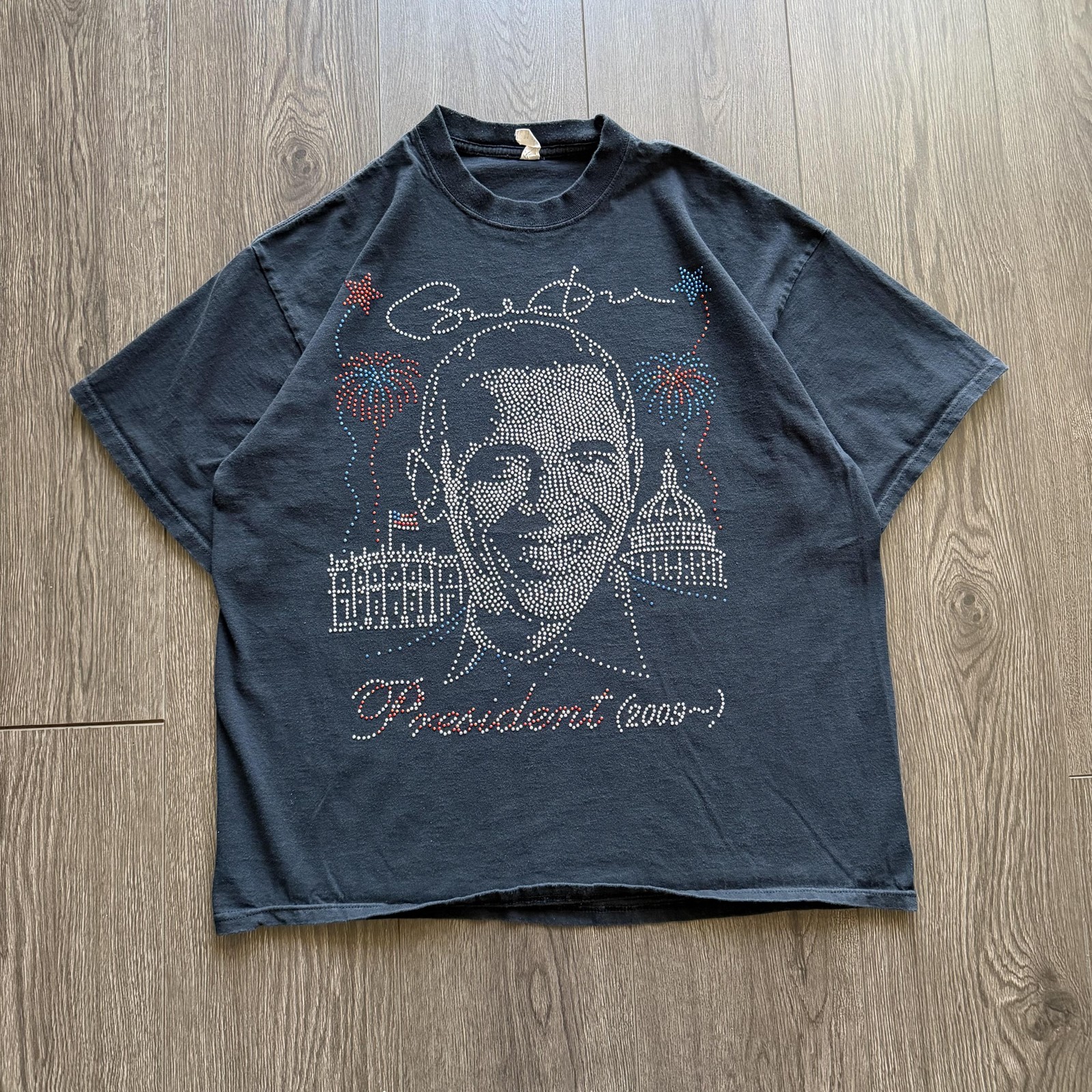 2000s Y2K Barack Obama Rhinestone Shirt Mens XL Black President 2009 Graphic Tee