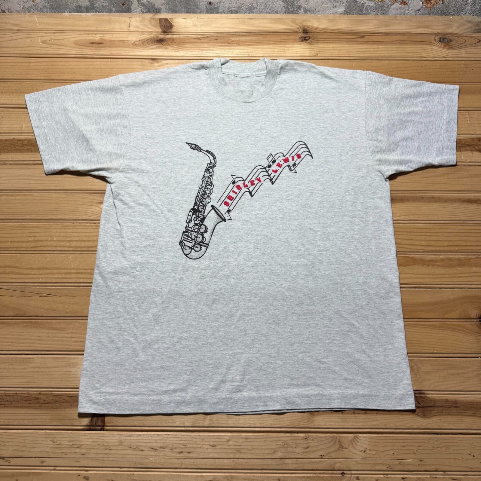 Vintage 80s Shirley Lewis Saxophone Music Note Graphic Heather T-Shirt – Size XL