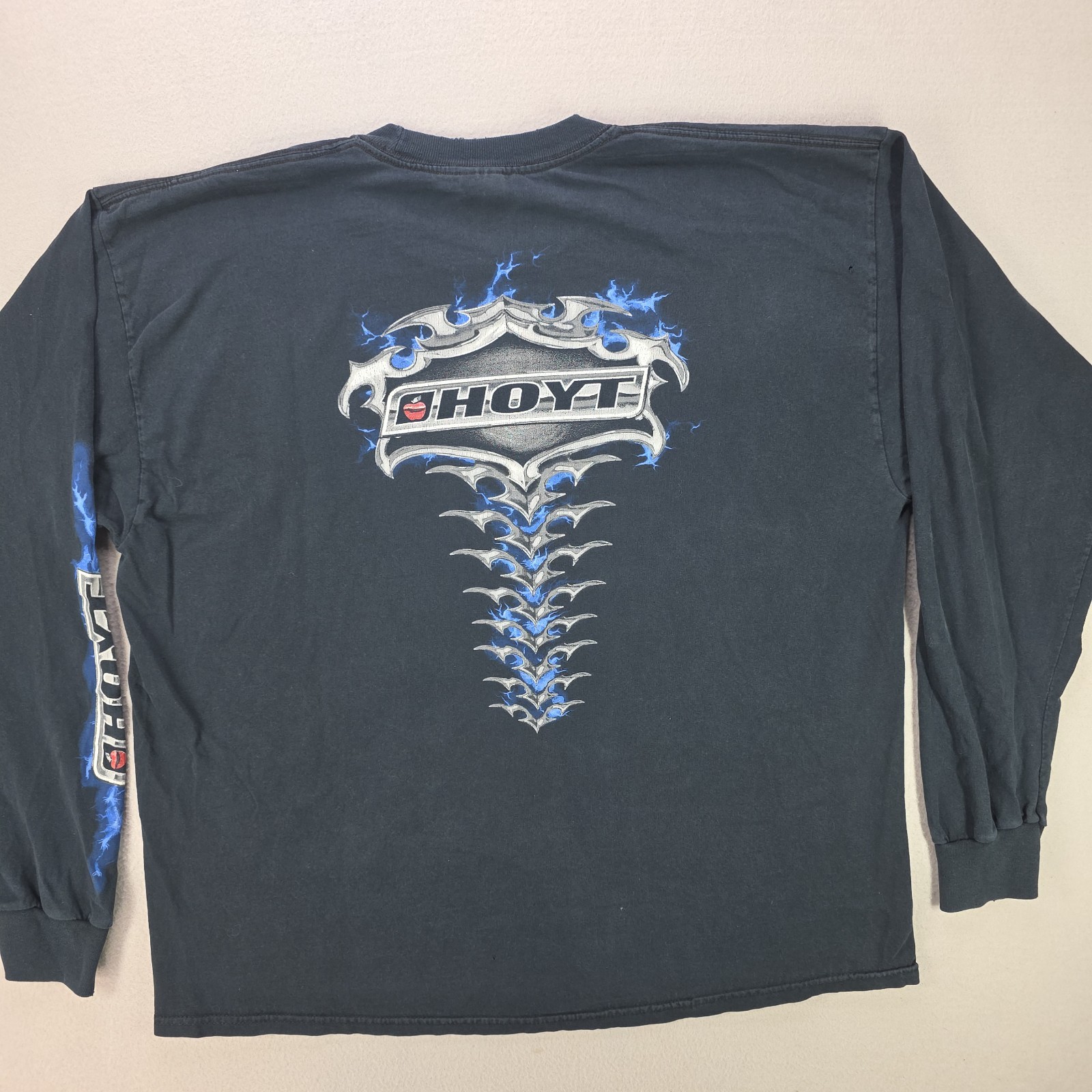 Vintage Hoyt Archery Blue Flame Long Sleeve Shirt Gildan 2XL Black Faded Rare