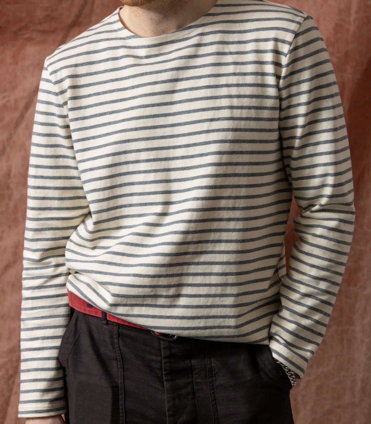 Quaker Marine Supply Mens Breton Striped Long Sleeve White Grey Tee Size Medium