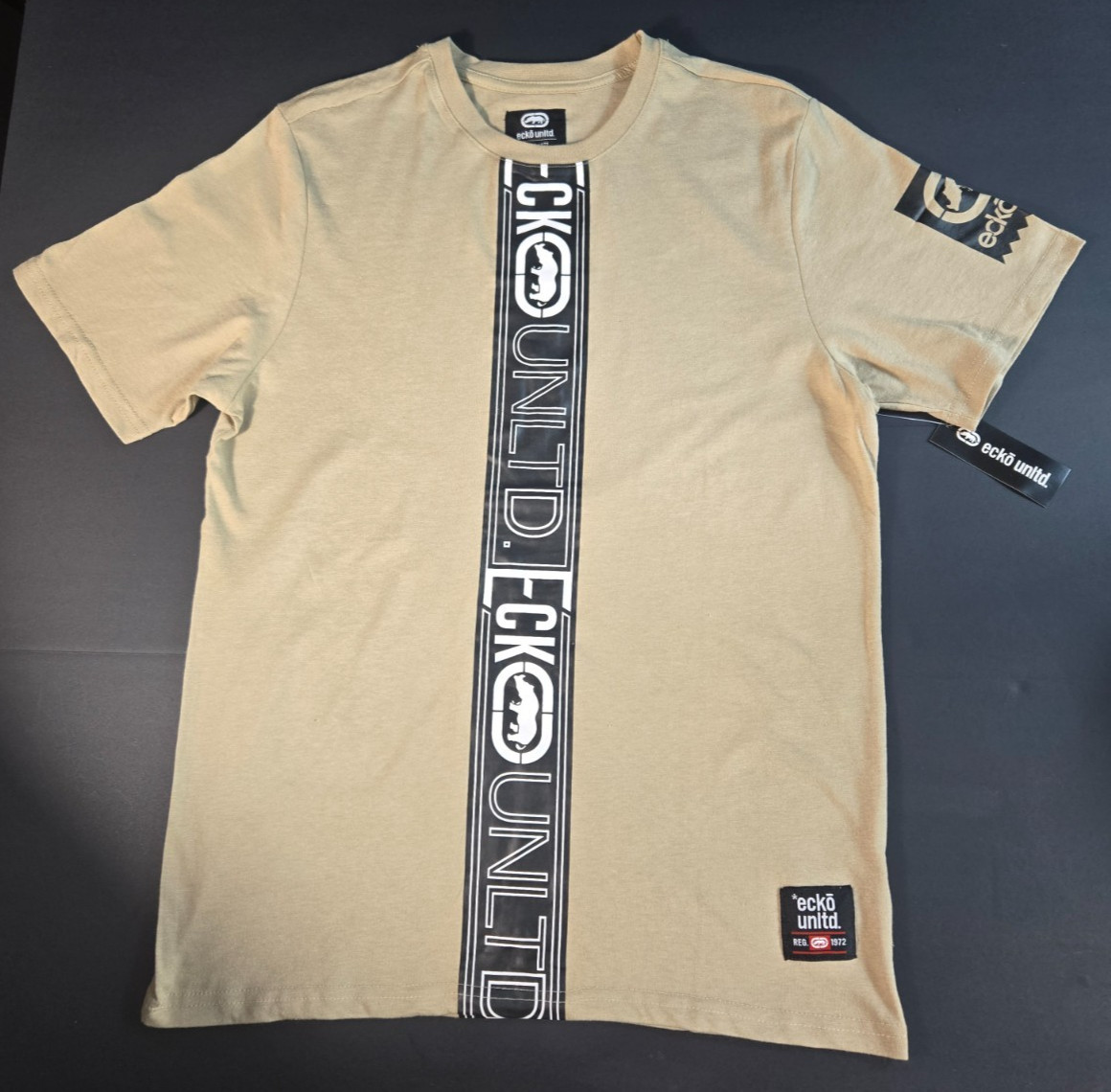 Ecko Unltd Men&rsquo;s CrewNeck Taupe Vertical Logo Logo T-Shirt Sizes S, M, L, XL NWT