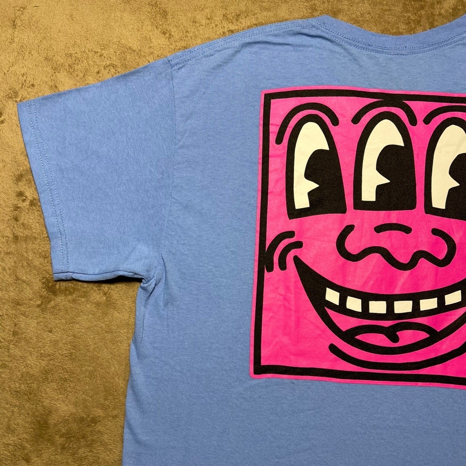 Keith Haring Graphic T Shirt Mens L Blue Pink Three Eyed Face Pop Art Tee