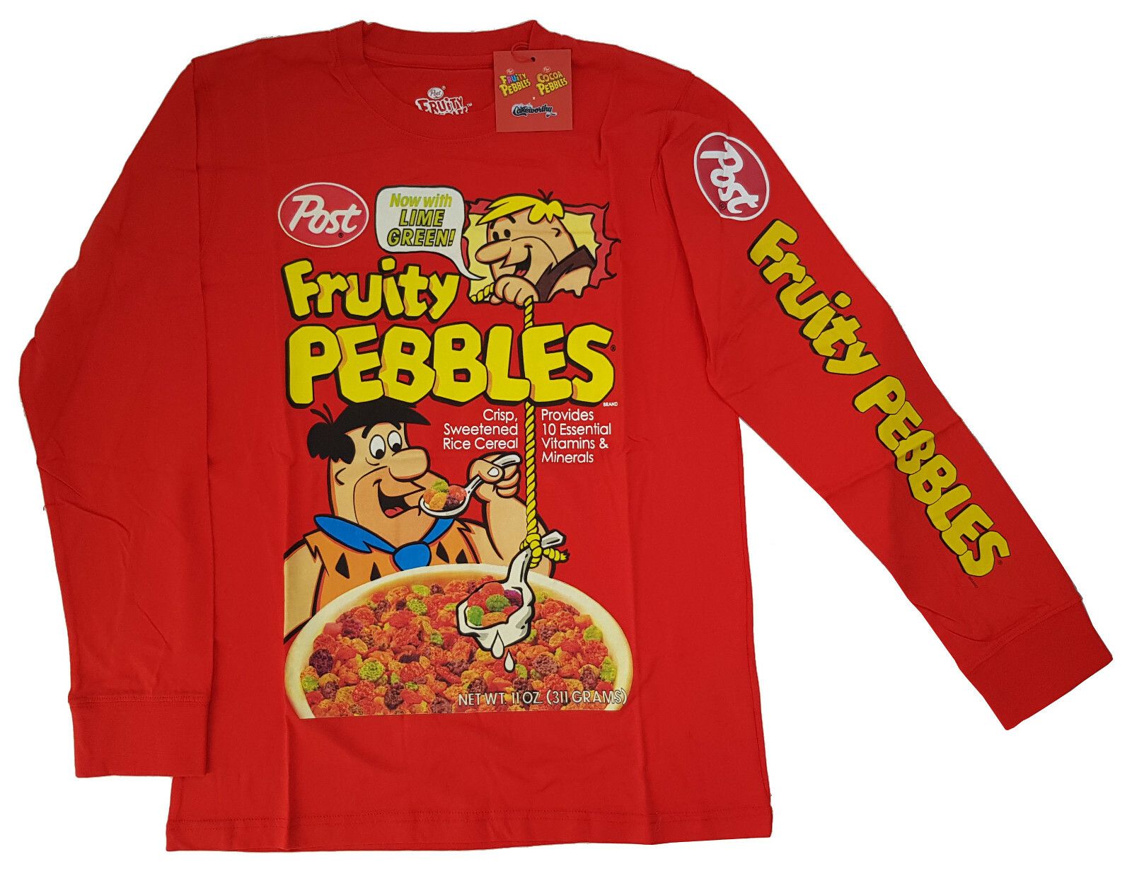 Cakeworthy x Fruity Pebbles Cereal Long Sleeve T-Shirt Top Red The Flintstones