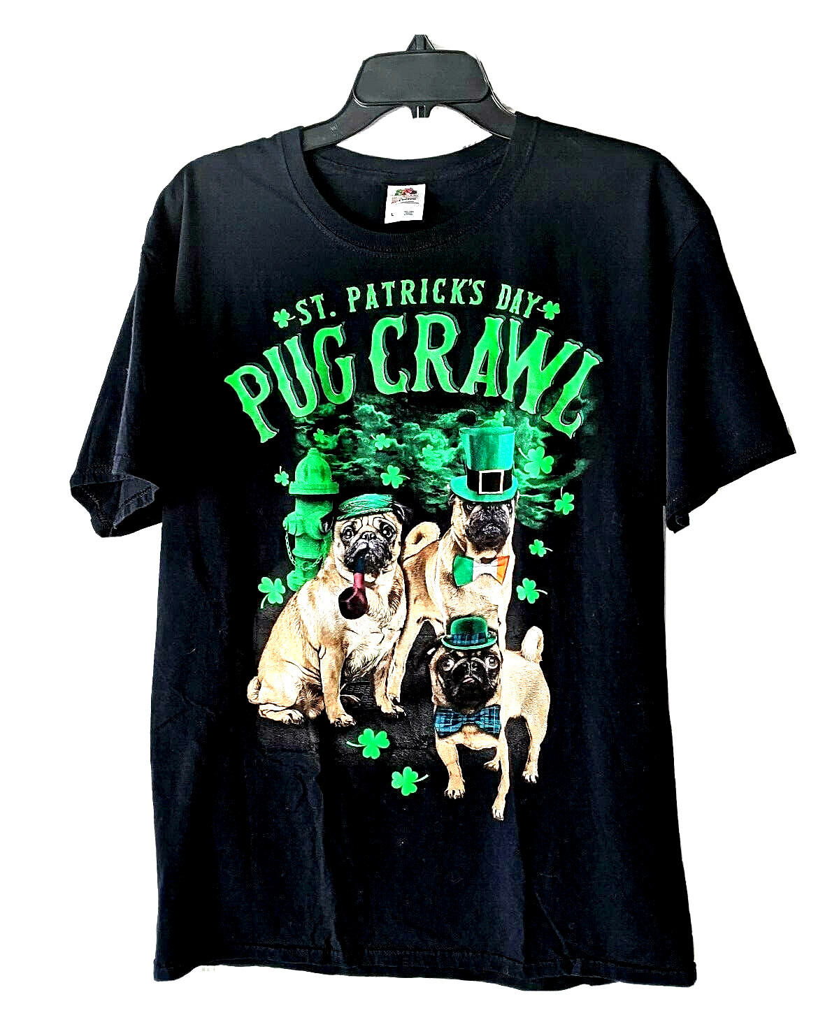 Womens Mens T-Shirt Top 3 Irish Pugs Crawl Dogs Shamrocks Gift St Patricks Day L