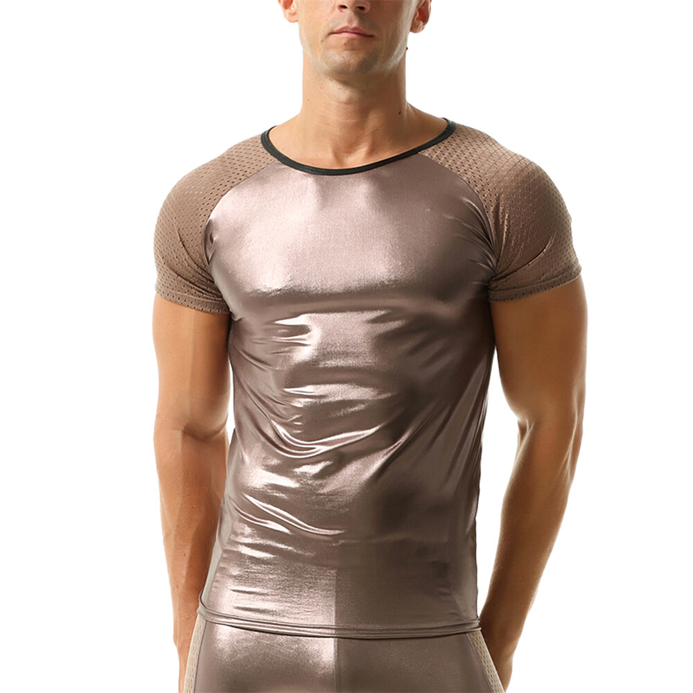 Men Elastic Oil Shiny Faux Leather Tops Fitness Short Sleeve T-shirts Stage Tees