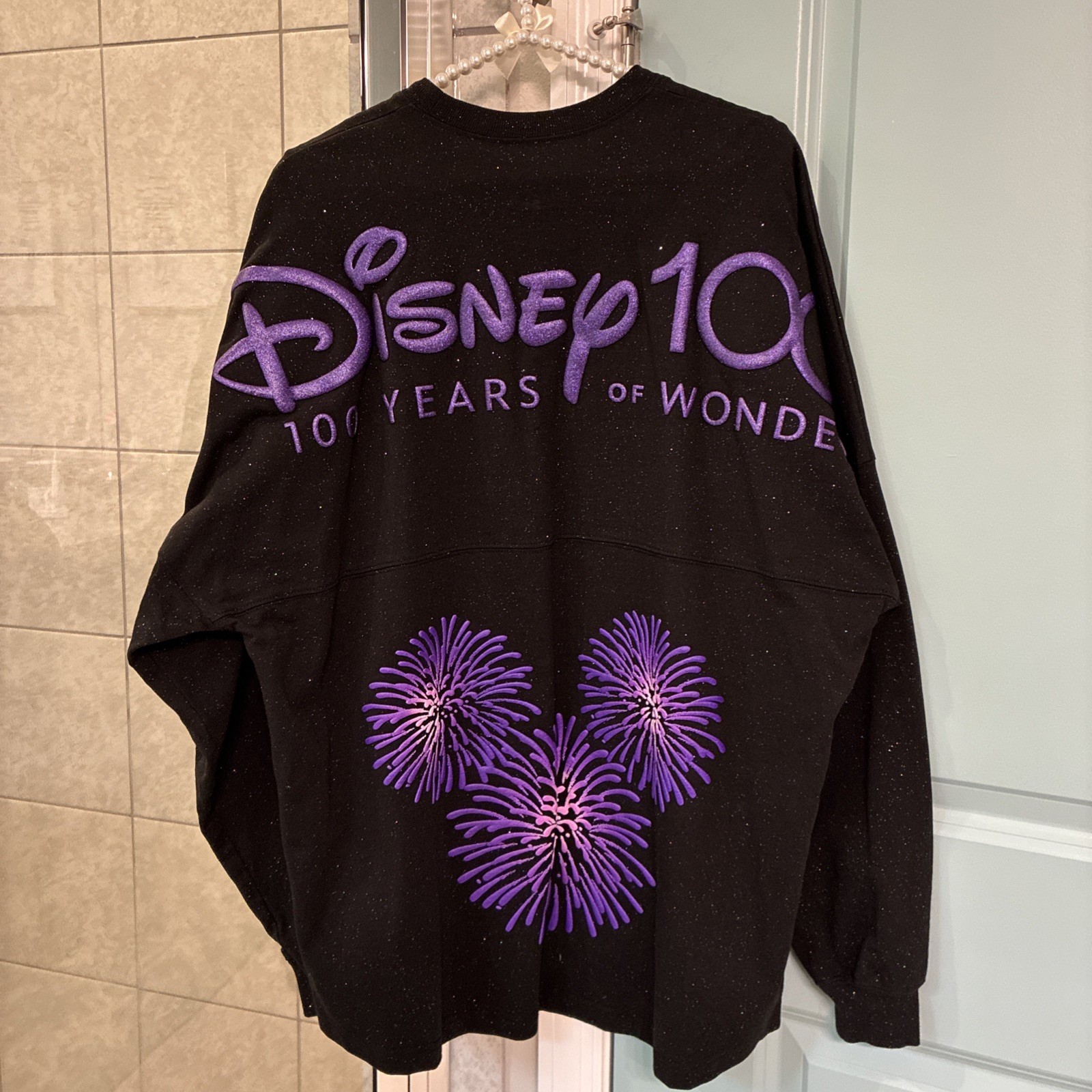 Disney 100 Years of Wonder Spirit Jersey Large Black Purple Glitter Fireworks