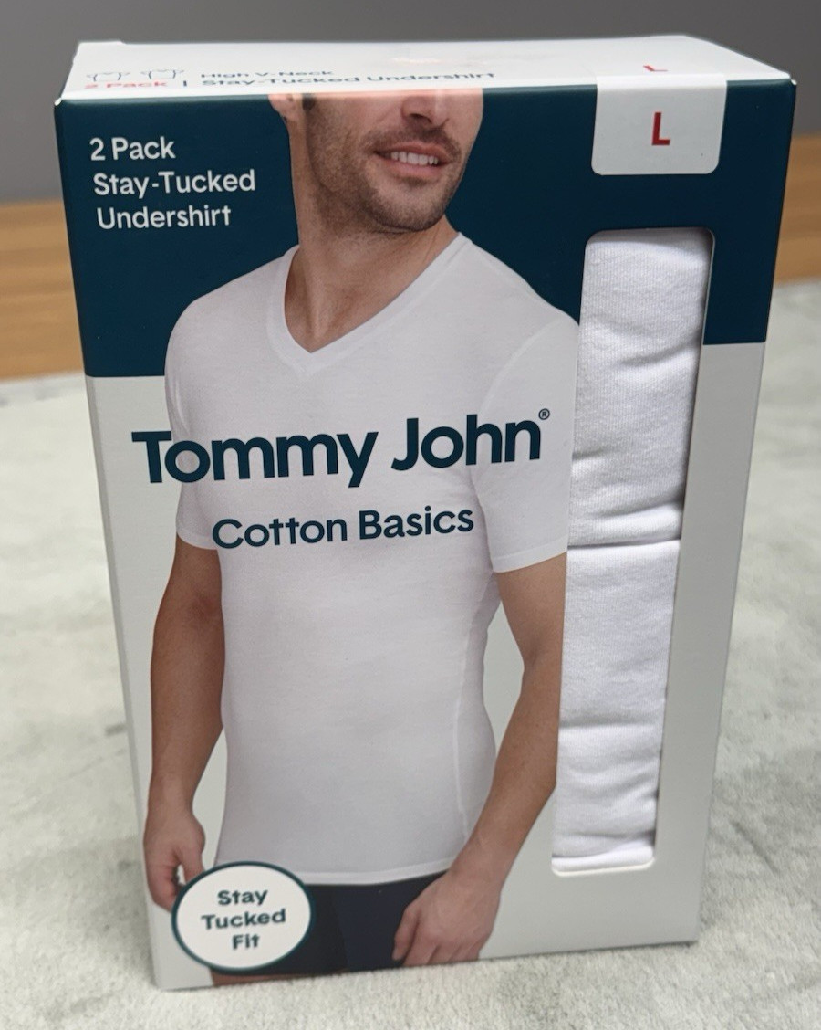 TOMMY JOHN 2 PACK STAY TUCKED V-NECK T-SHIRTS MEN&rsquo;S SIZE L BRAND NEW IN BOX 🔥🔥