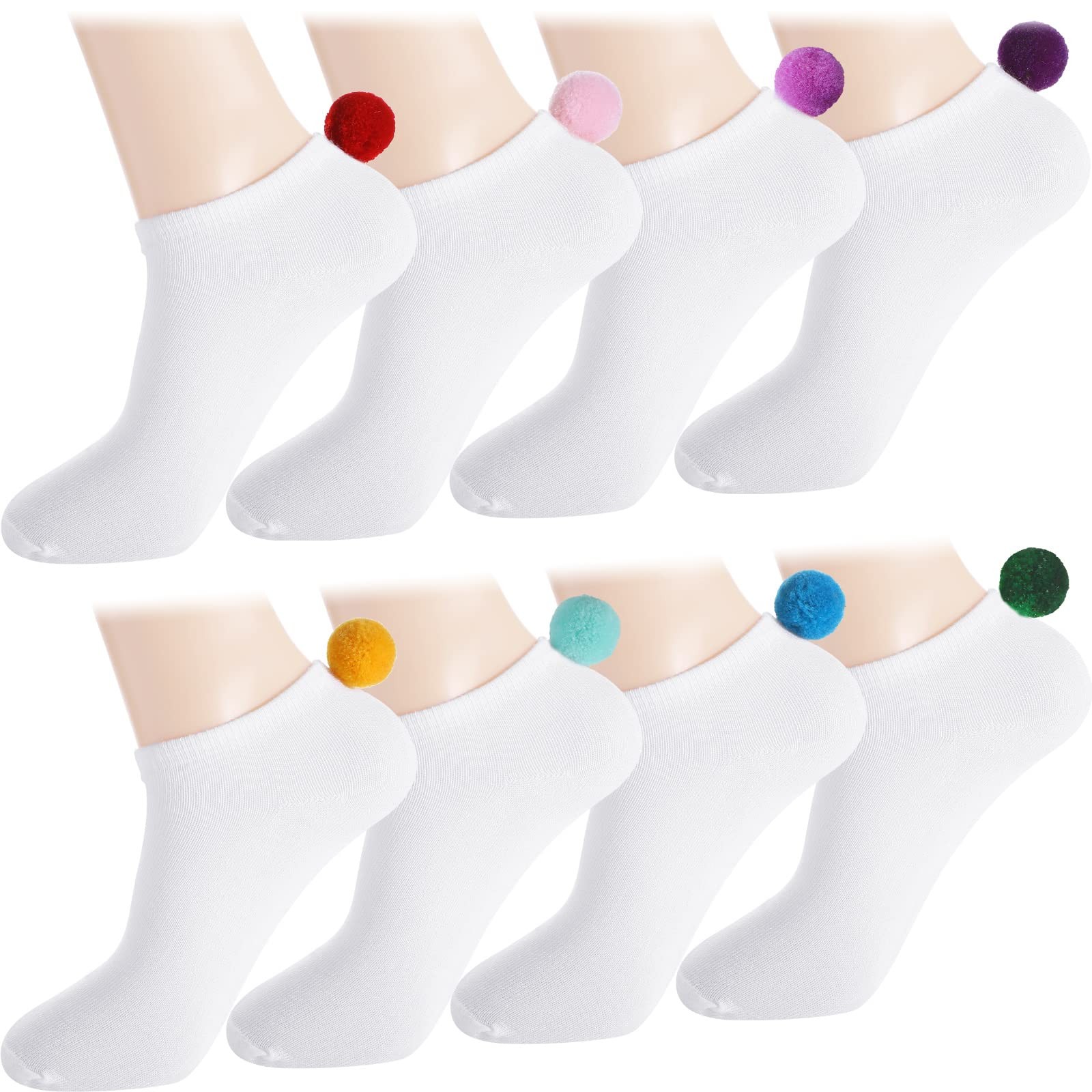 Vicenpal 8 Pairs Women Pom Pom Socks Ankle with Balls on the Back Cosplay Sea…