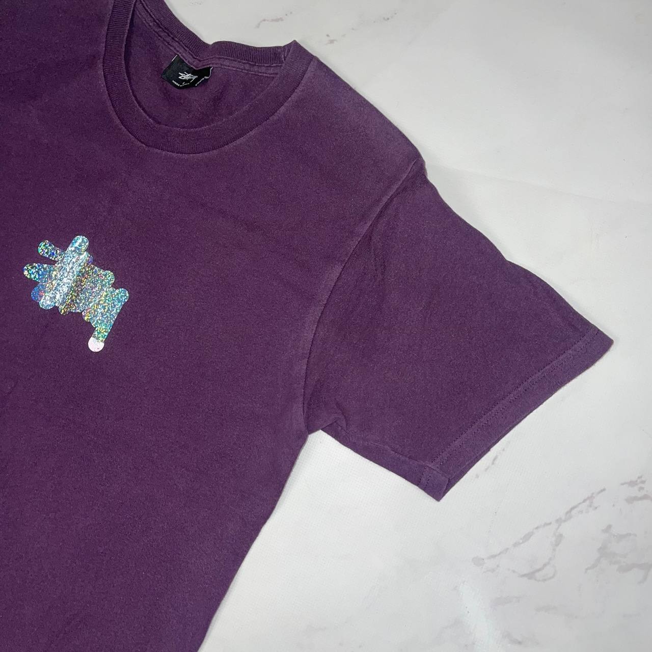 Vintage STUSSY T-Shirt Purple Glitter Logo Y2K Casual Tee Size S