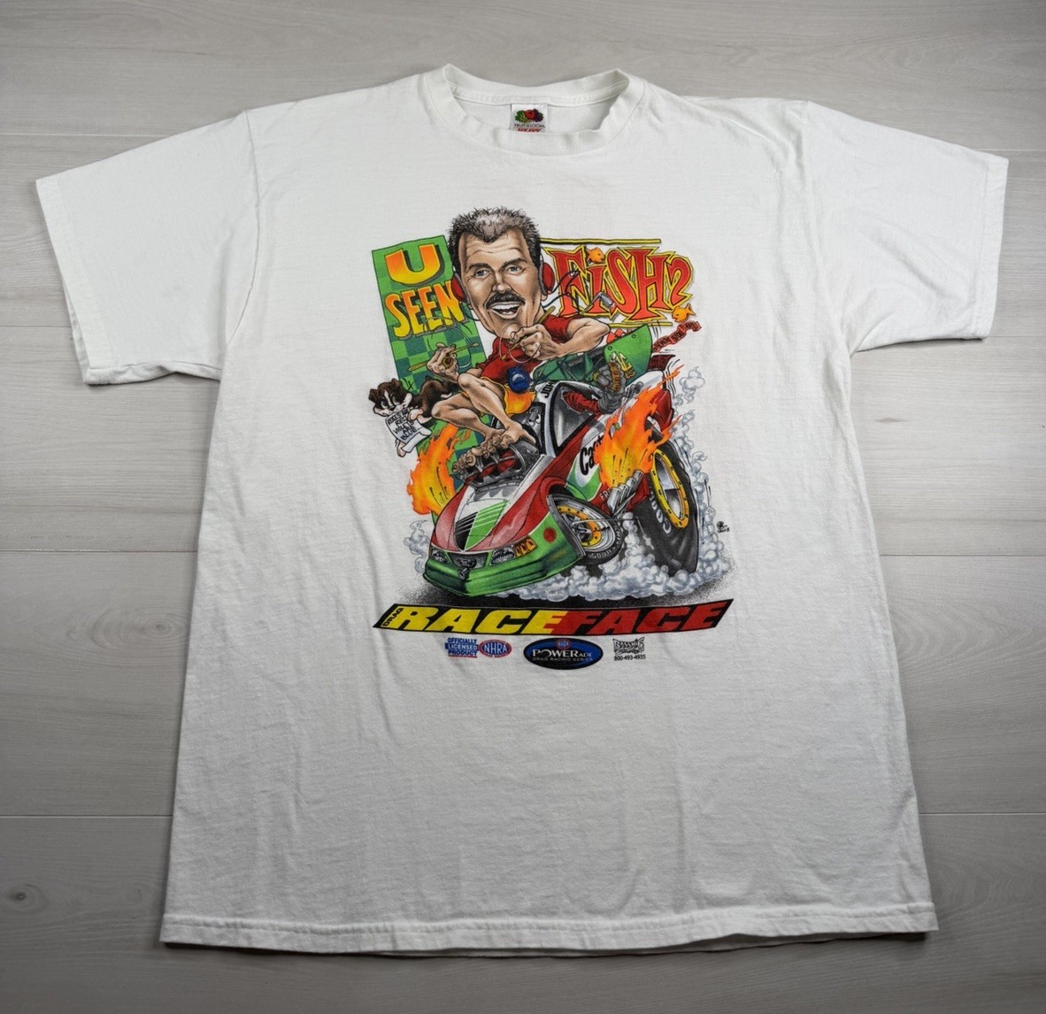 Vtg NHRA Shirt U Seen Fish John Force Caricature Drag Racing Cartoon 90s Mens XL