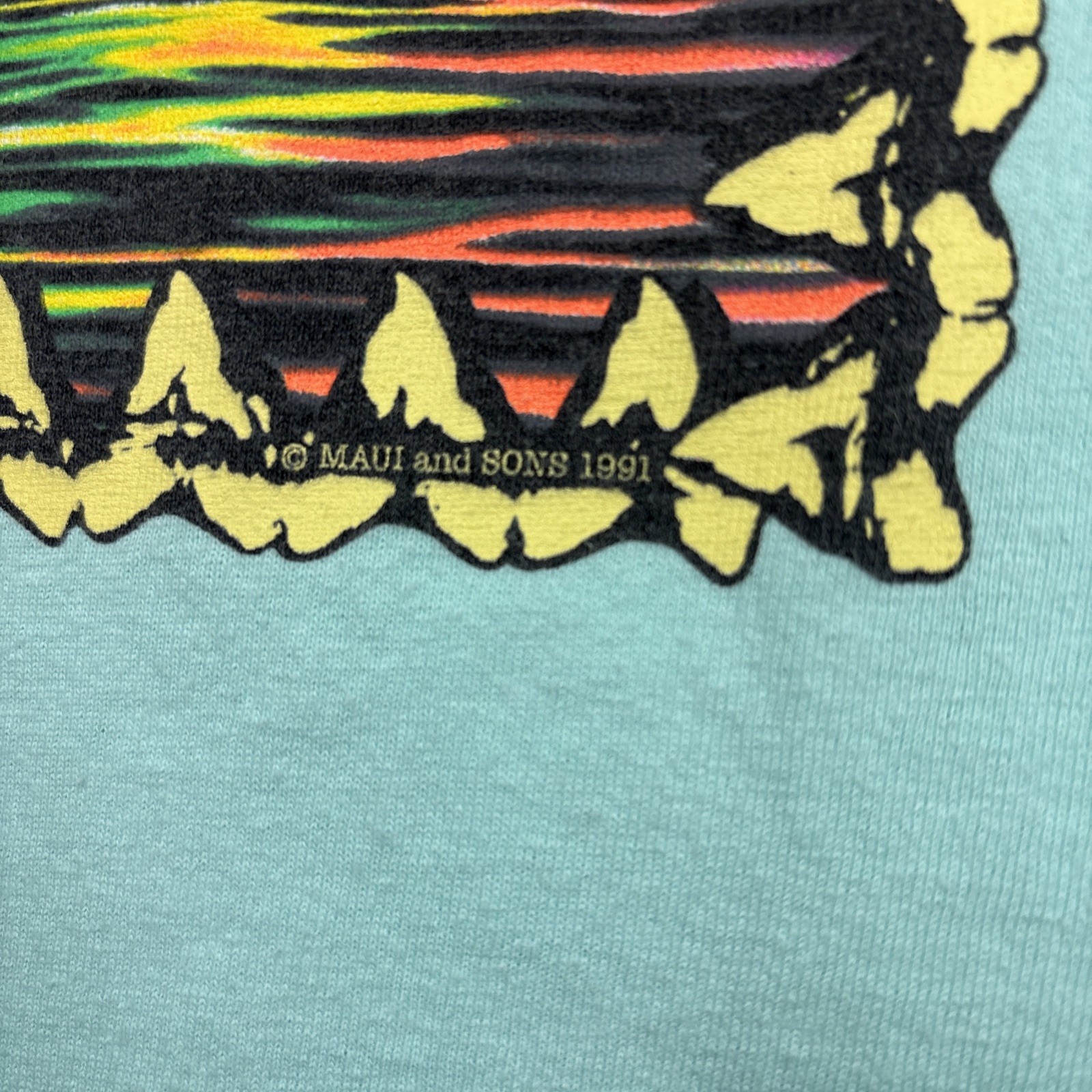 Vintage Maui and Sons Tshirt Sz M Neon Sharks Waves Mint Green Aloha Surfing