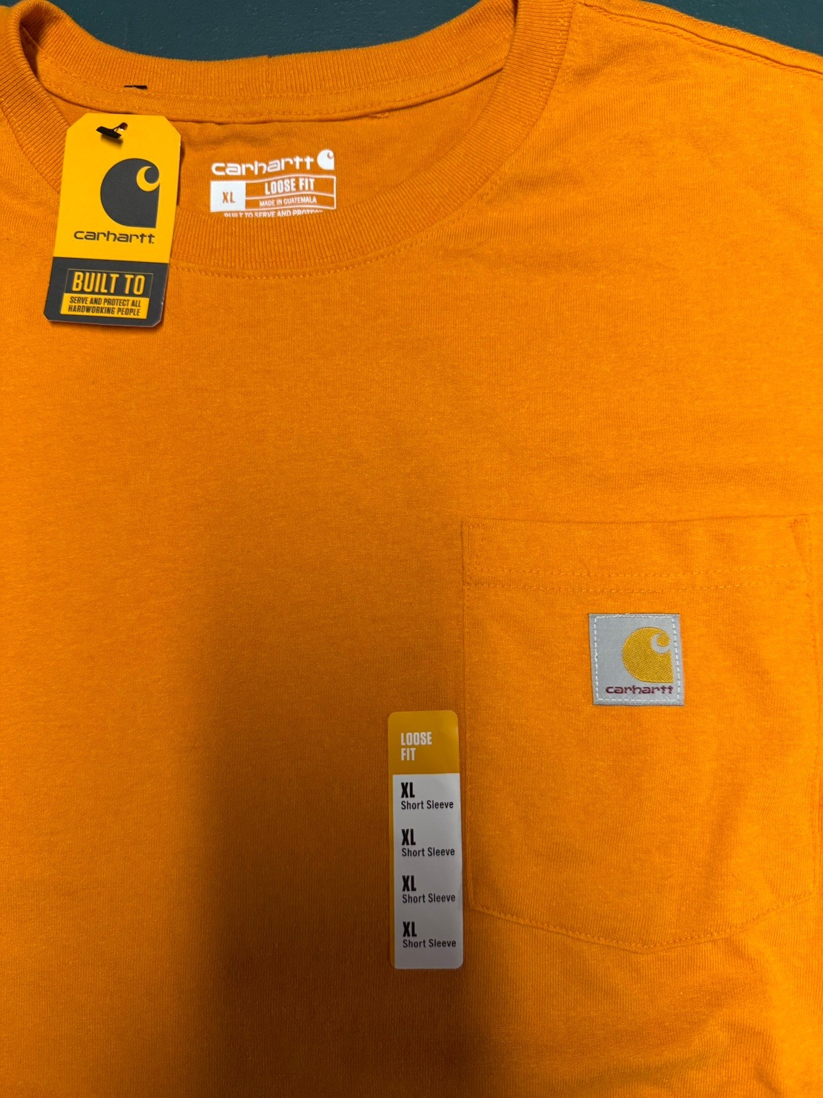 Carhartt Men&rsquo;s Orange Pocket Logo Crew Neck Short Sleeve T-Shirt Size XL