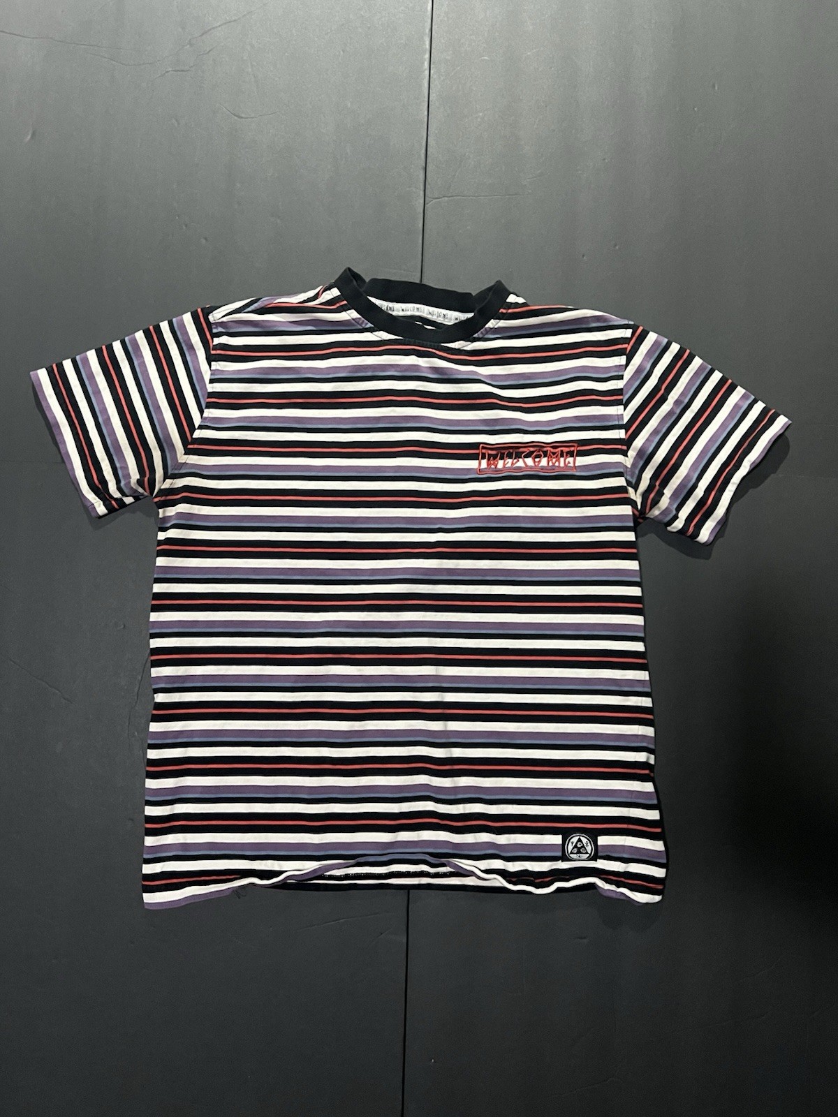Welcome Skateboards multicoloured striped tee Size S armpit stains #skateboard
