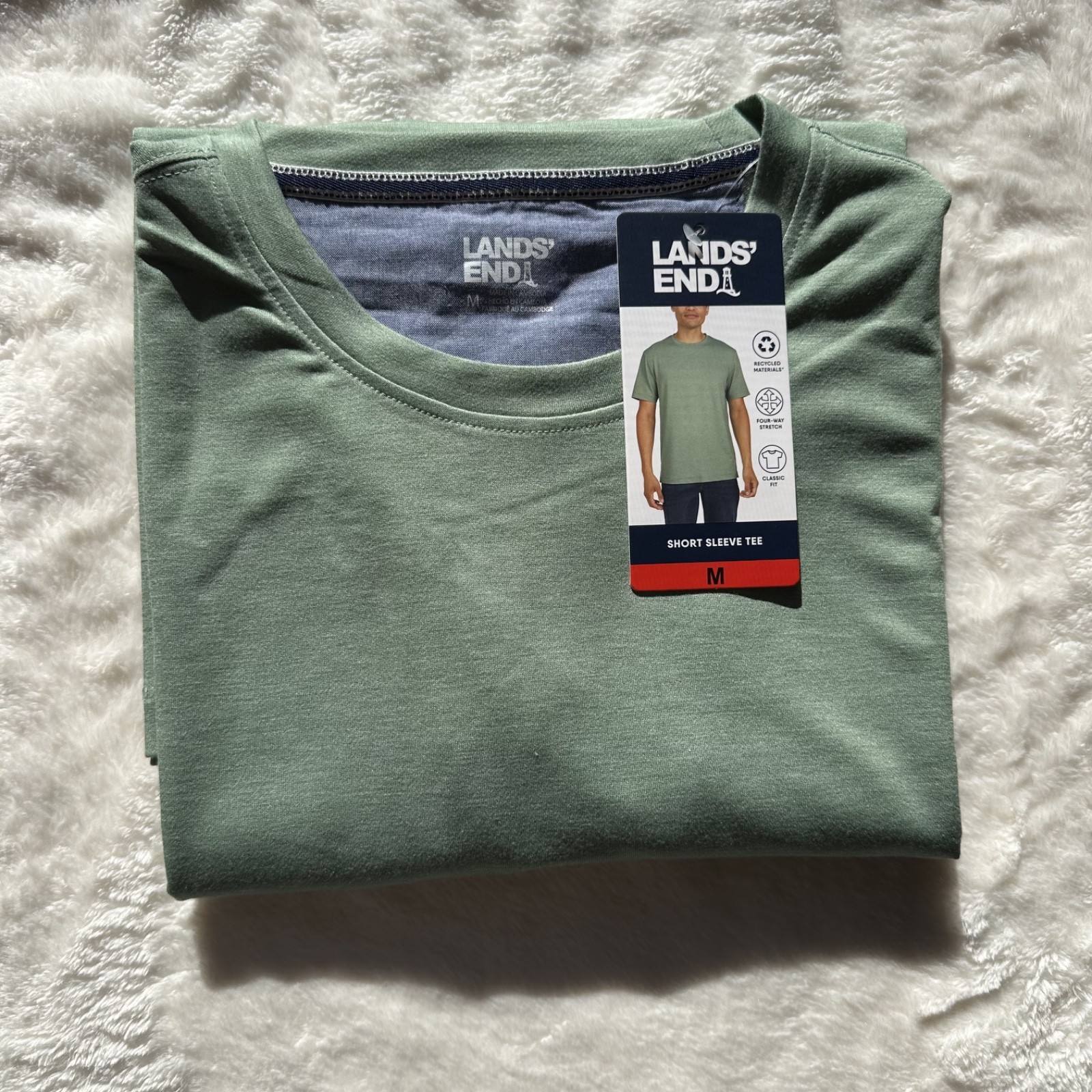 Lands&rsquo; End Men&rsquo;s Green Short Sleeve T-Shirt Classic Fit Stretch Crew Neck Size M