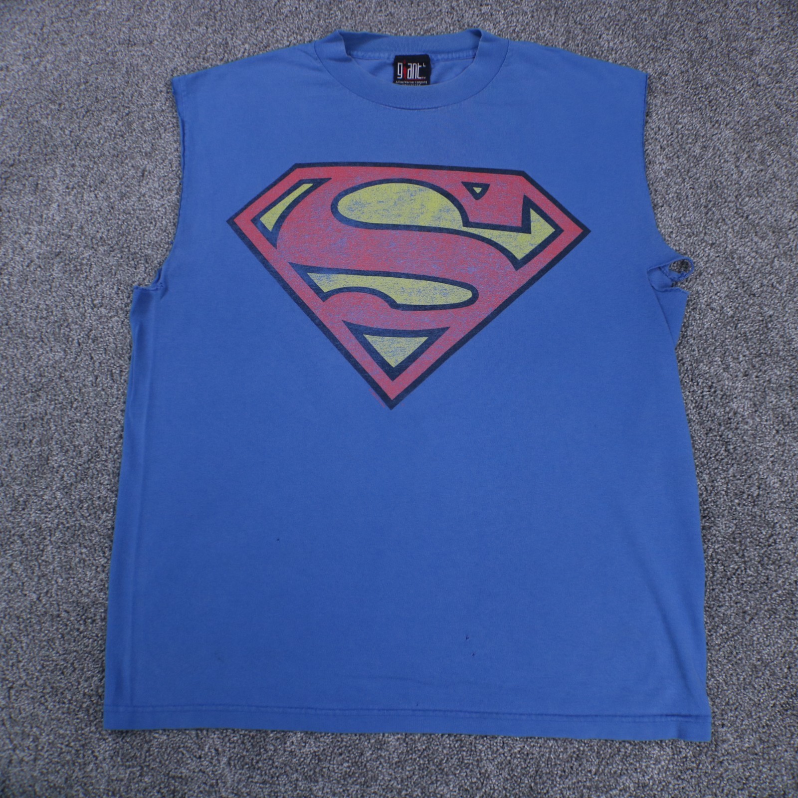 1996 DC Comics Superman Shirt Mens L Blue Sleveless Modified Giant Tag Tshirt