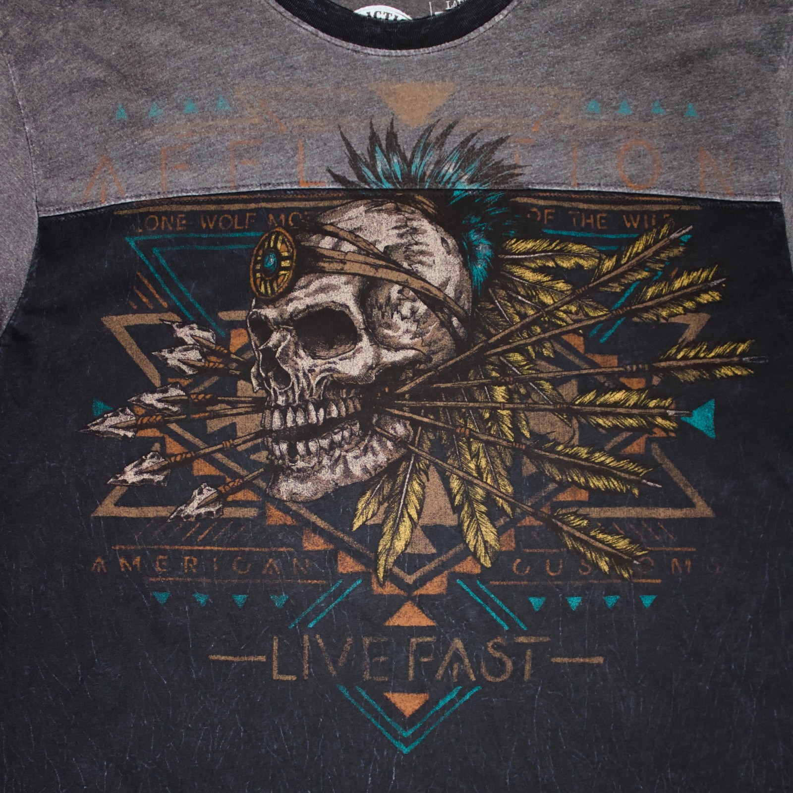 Affliction Native American Customs Skull Arrows T-Shirt USA Made Men Size L (B4)