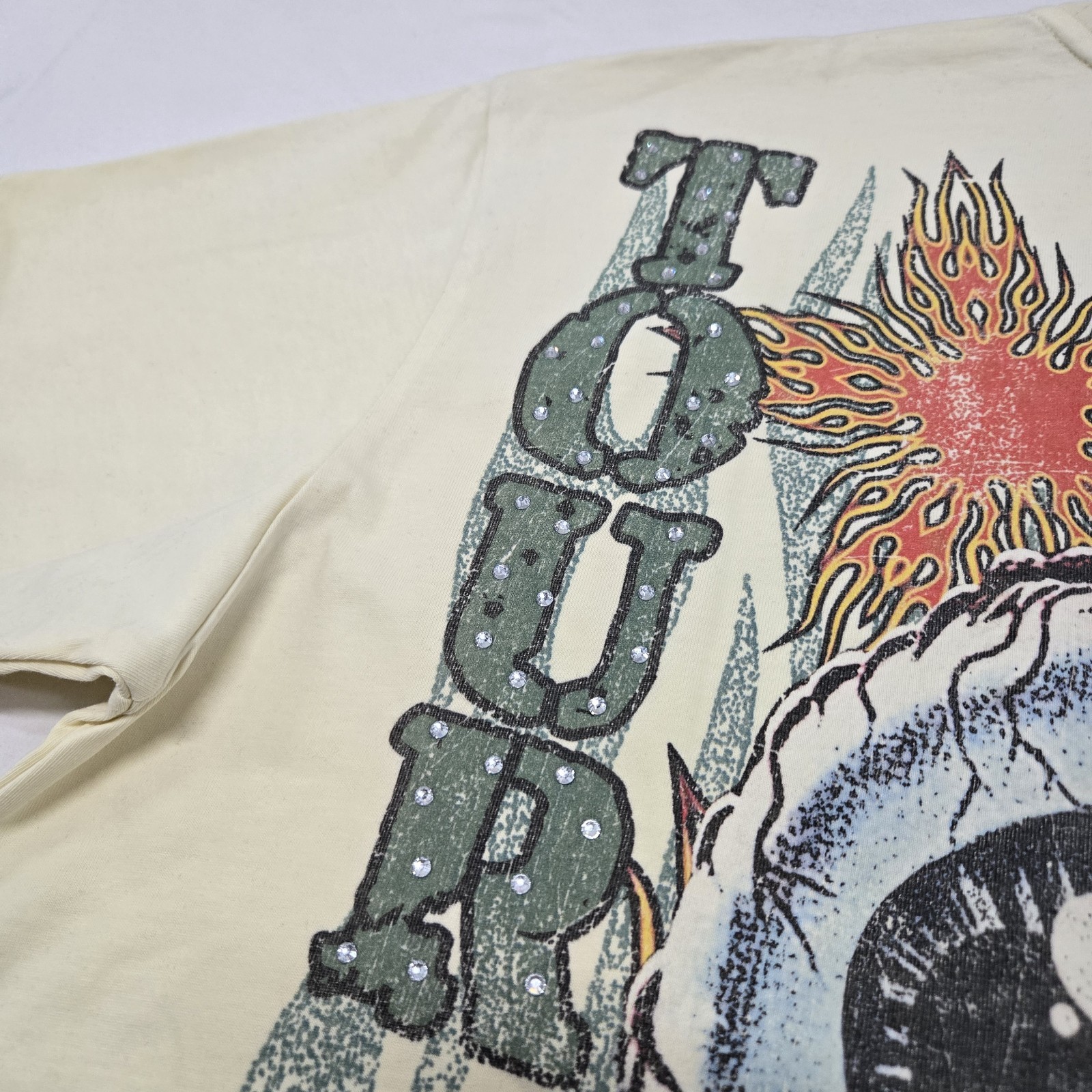 NWT Sz M Oversized* Paper Money 98&prime; Tour Rhinestone Graphic Tee Bone Beige Shirt