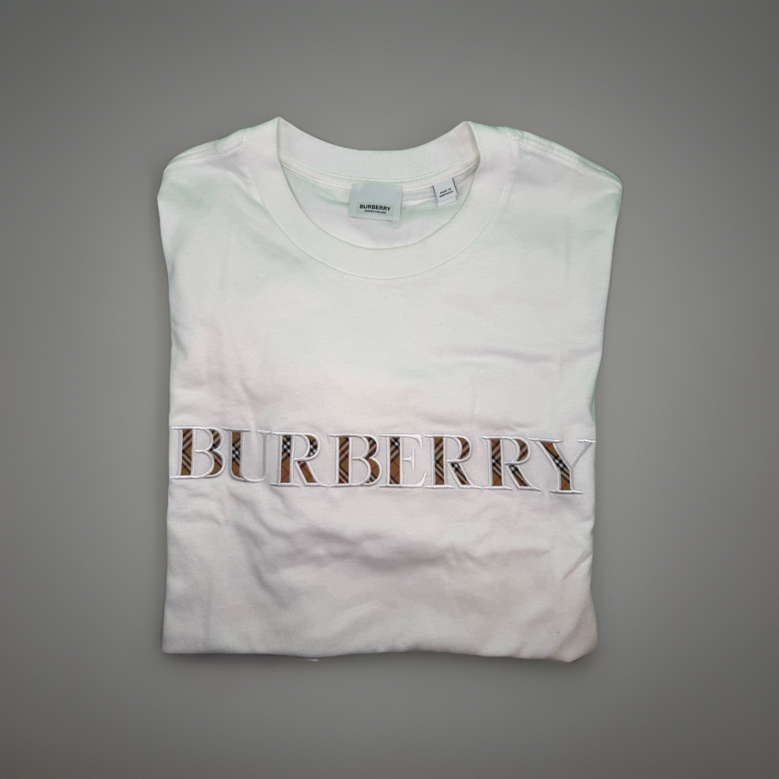 Burberry London England Men&rsquo;s White Logo T-Shirt Check Print 100% Cotton