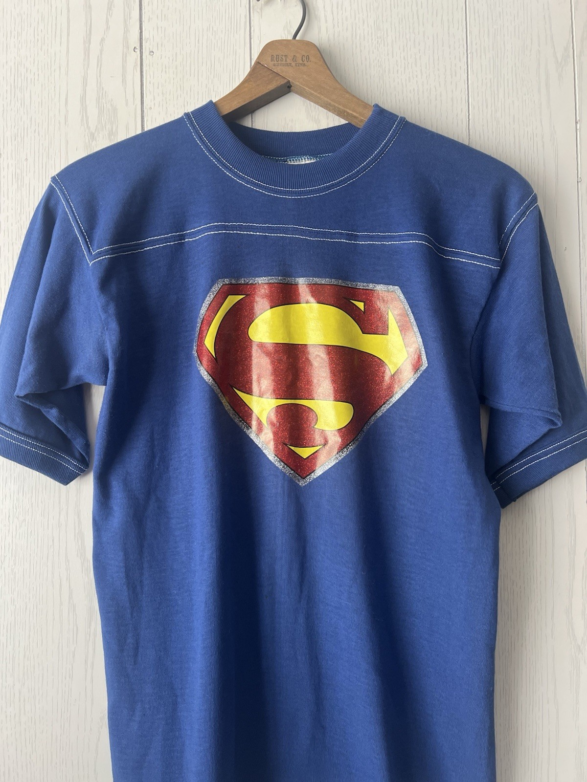 True Vintage 70s Superman Sport-T by Stedman Ringer Tee DC Comics Glitter Logo S