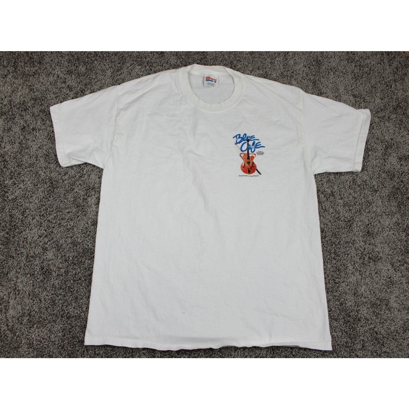 Hanes Blue Café Graphic T-Shirt Mens Large White Cotton Music Guitar Print USA