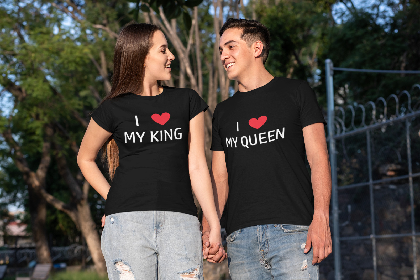 I Love My King & Queen Shirts Matching SET Couple Valentines Day Heart T-Shirts