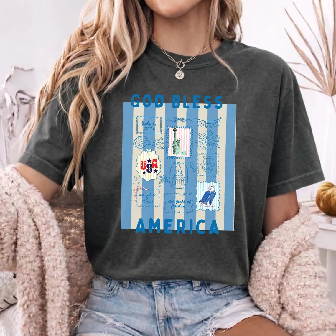 America 250th Anniversary Shirt Patriotic Light Blue Stripes Graphic Tee Women