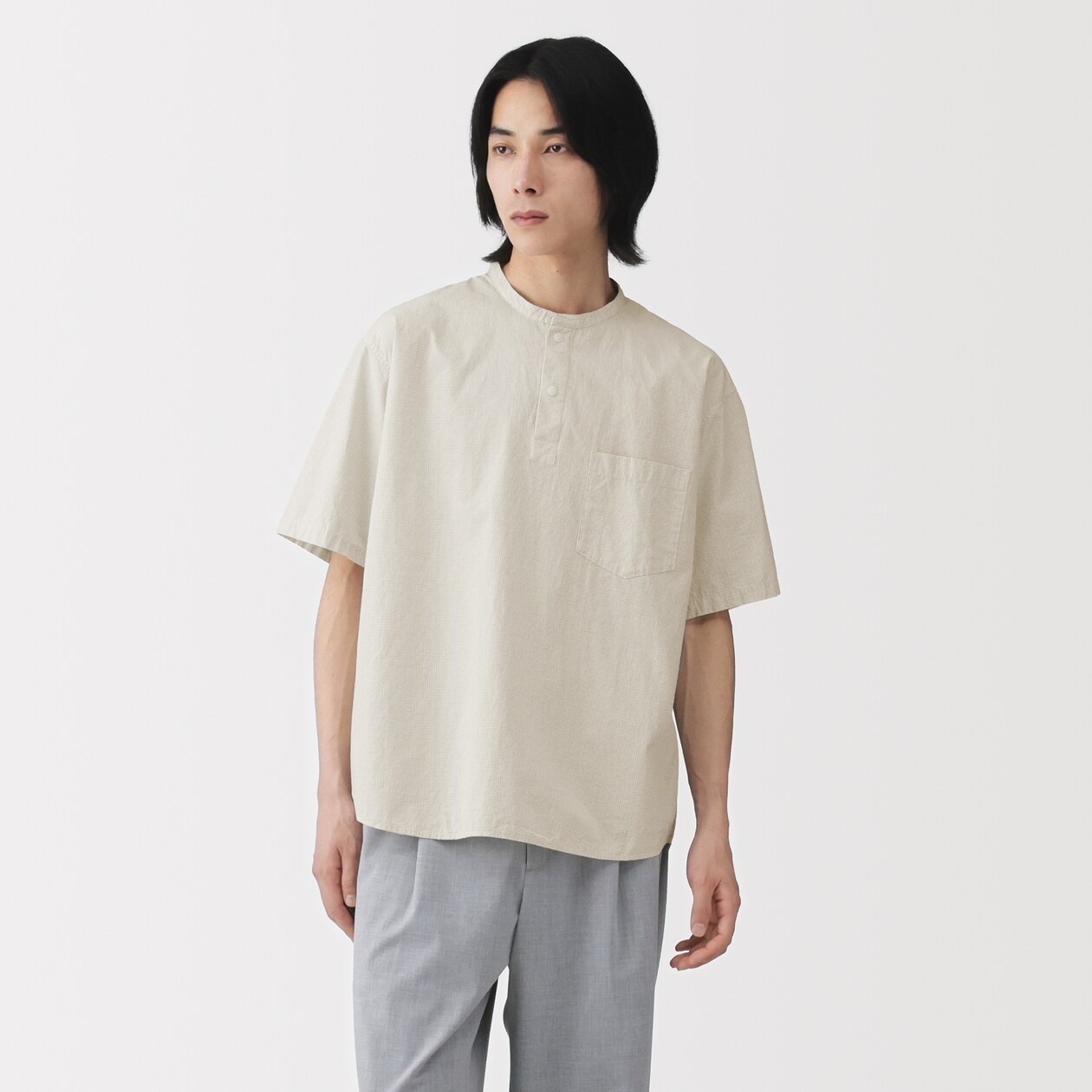 MUJI Mens 100% Organic Cotton Cool Touch Henley Neck T Shirt Ivory Check FedEx