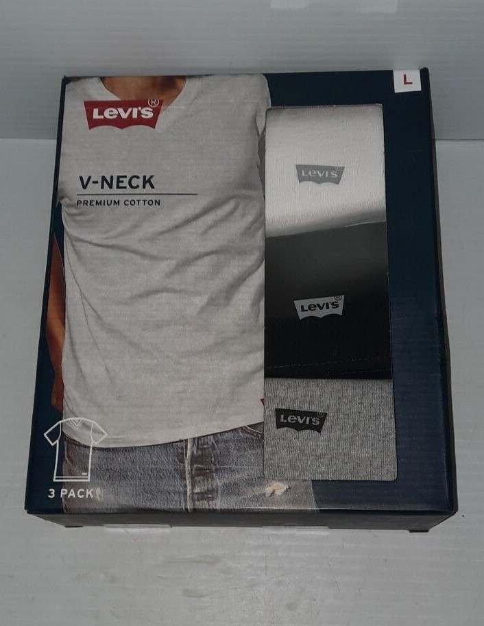 Levi&rsquo;s Men&rsquo;s Premium Cotton V-Neck T-Shirt 3 Pack Black/White/Grey Sizes S & L