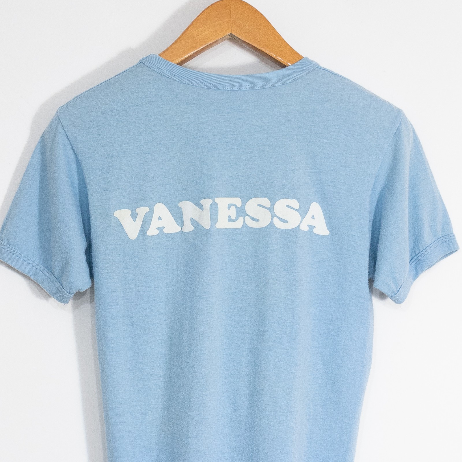 Vintage 80s Heart Ringer T Shirt Small – Single Stitch Distressed Name Text Blue