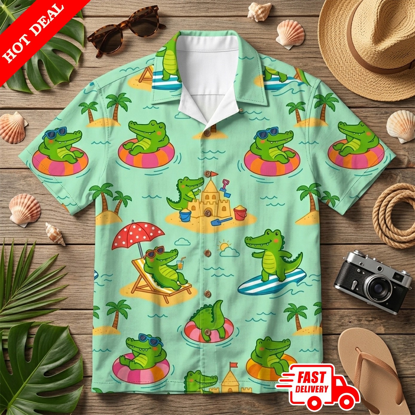 Funny Crocodile Hawaiian Shirt Men Alligator Beach Tropical Aloha Button Down