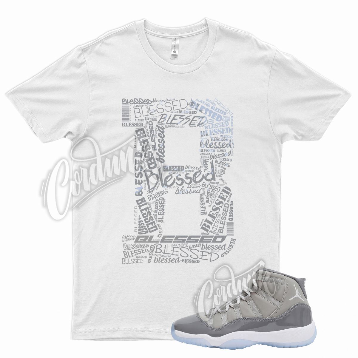 White BLESSED T Shirt for Air J1 11 Cool Grey 2021 Medium White Blue Wolf