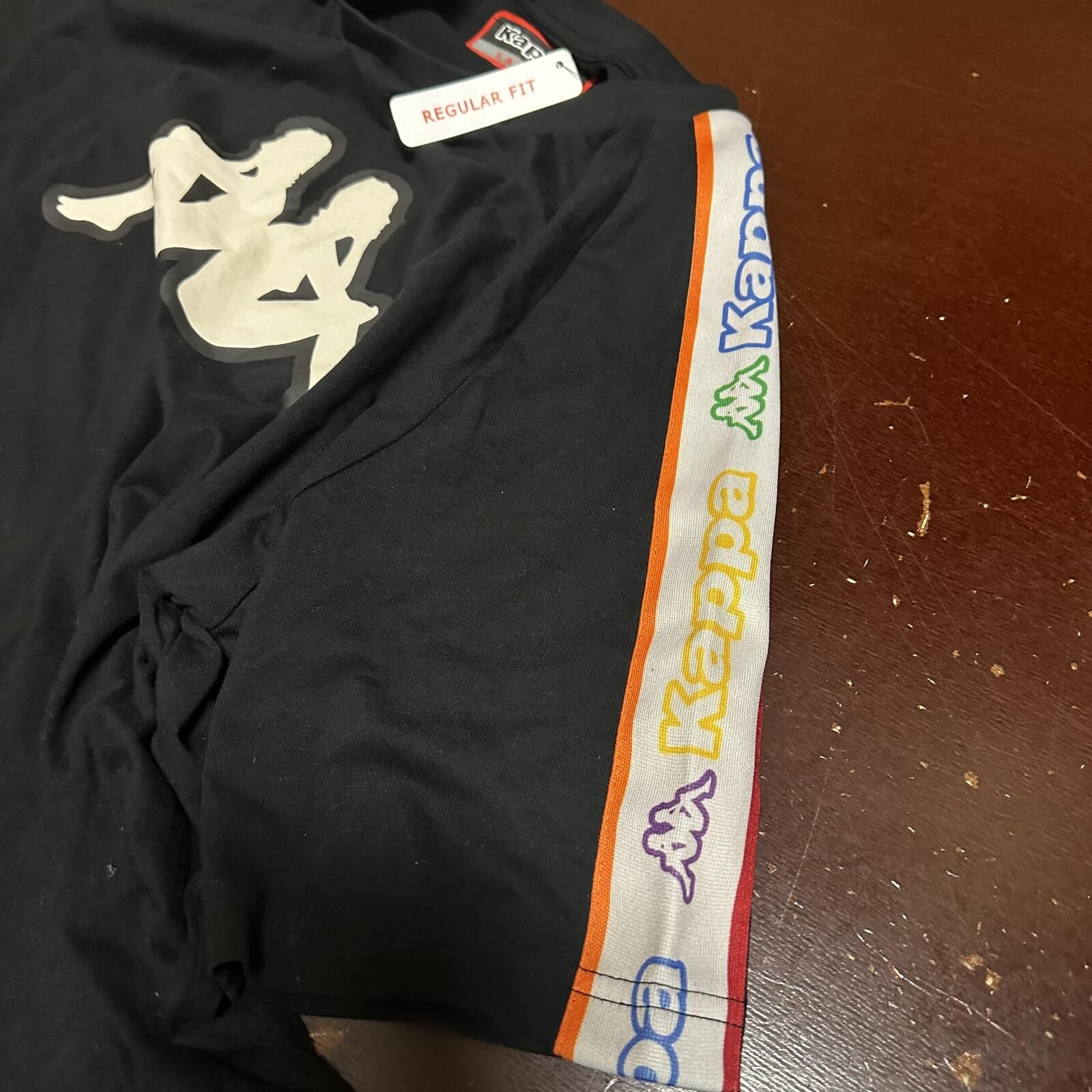KAPPA MENS multicolored logo on the sleeve Black men’s T-shirt, large
