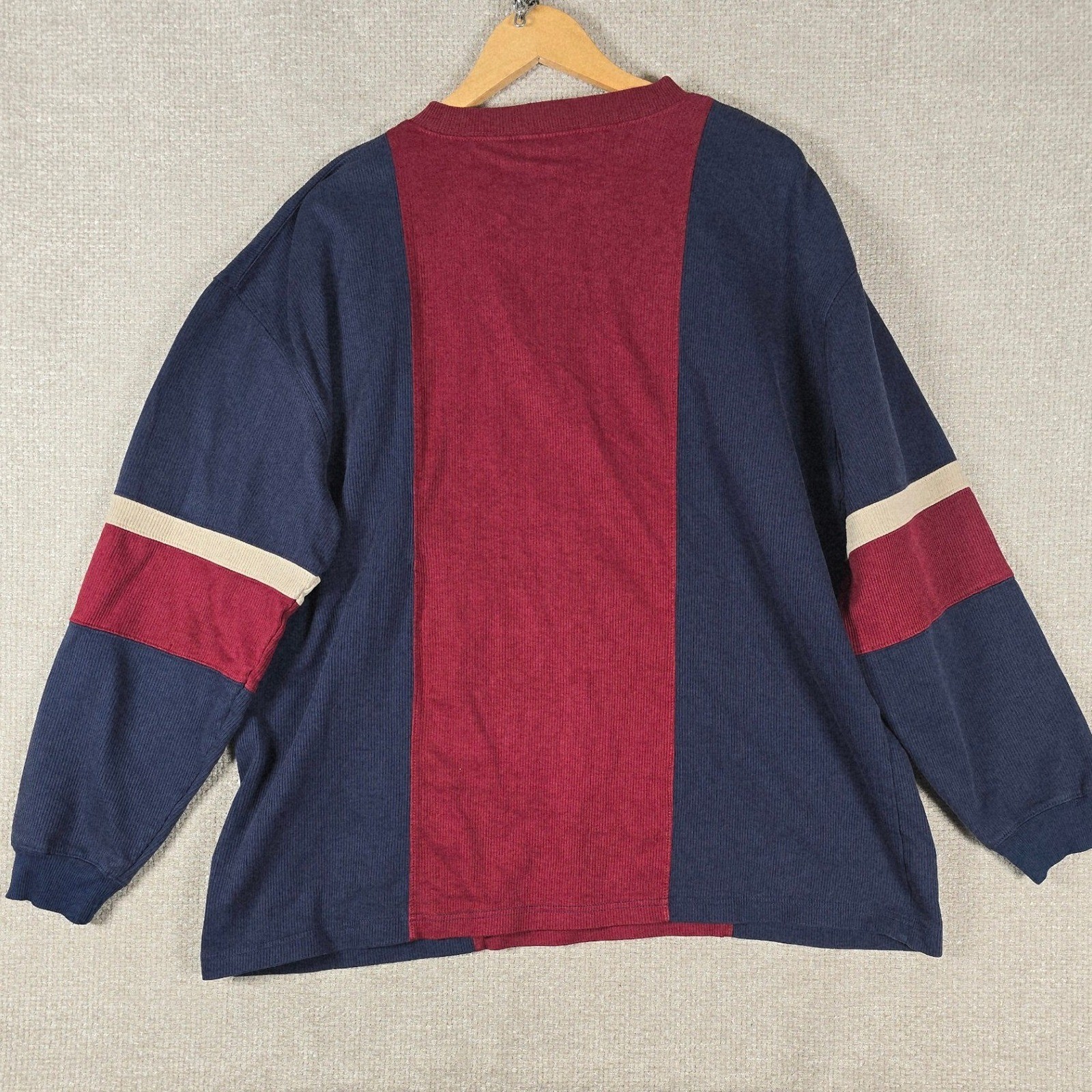 VTG North Crest Mens XL Henley Shirt Colorblock Ribbed Navy Burgundy Long Sleeve