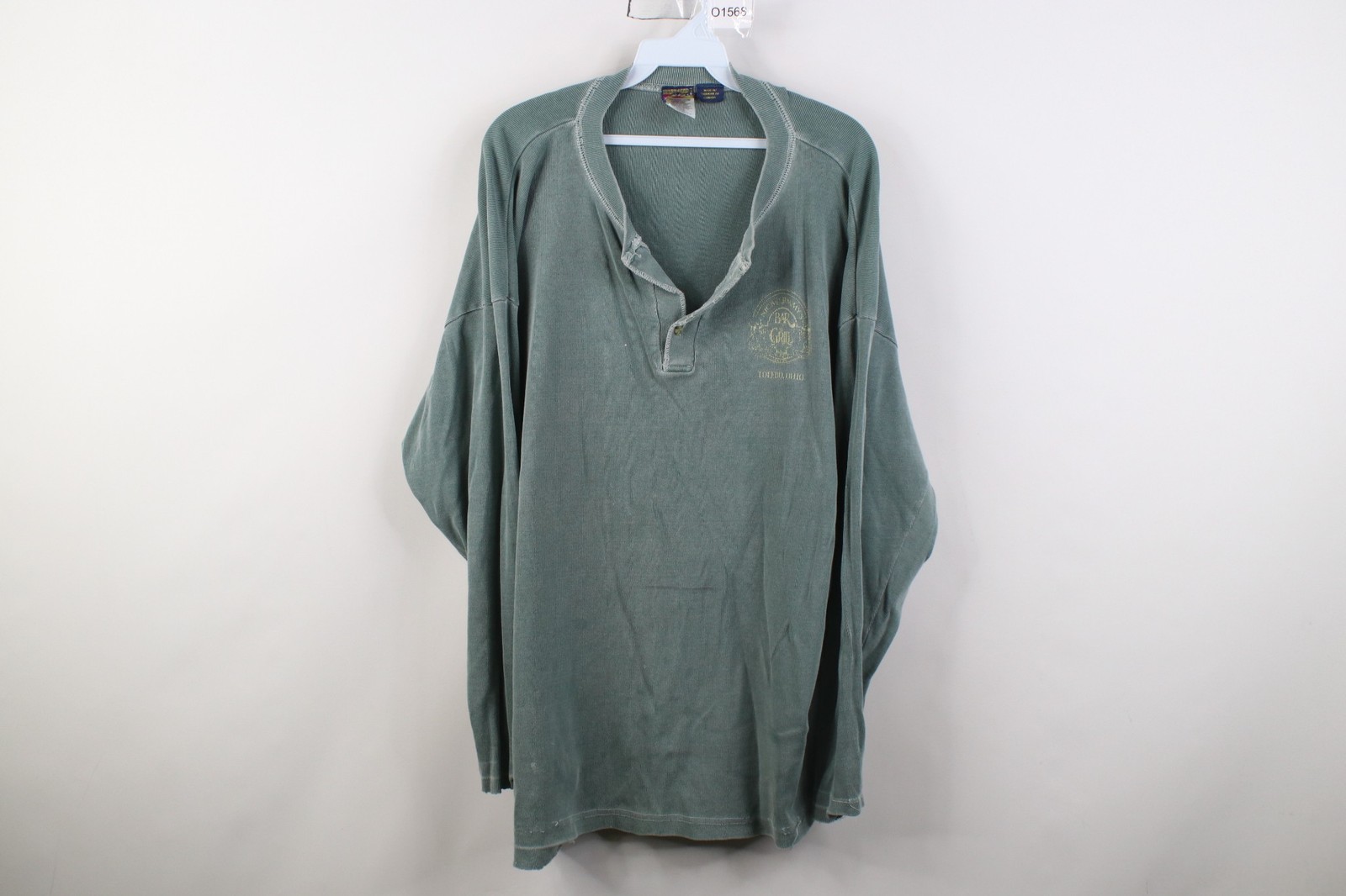 Vtg 90s Mens XL Thrashed Thermal Ribbed Knit Long Sleeve Henley T-Shirt Green