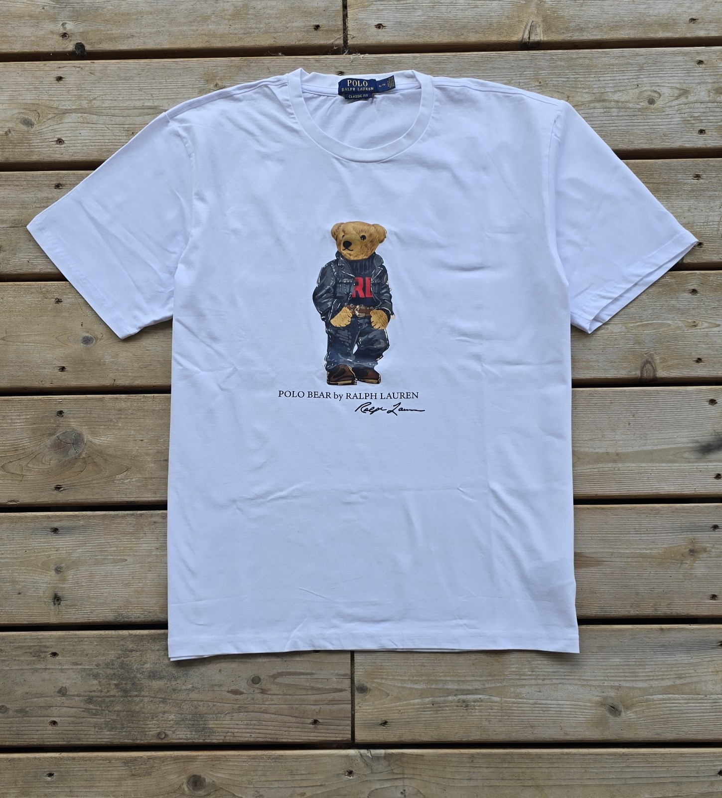 Polo Ralph Lauren Classic Fit Polo Bear Denim Crewneck Jersey T-Shirt White