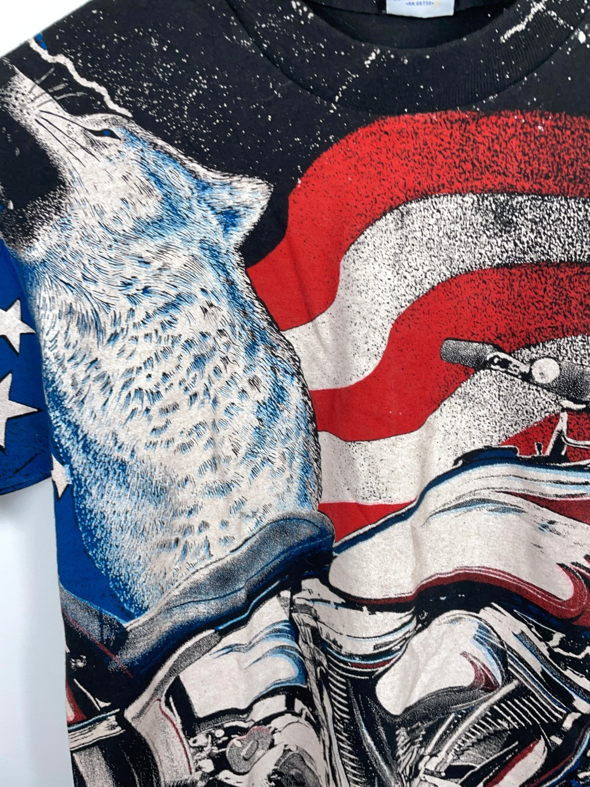90s AOP Wolf Motorcycle American Flag T-Shirt Adult Medium Single Stitch 1994