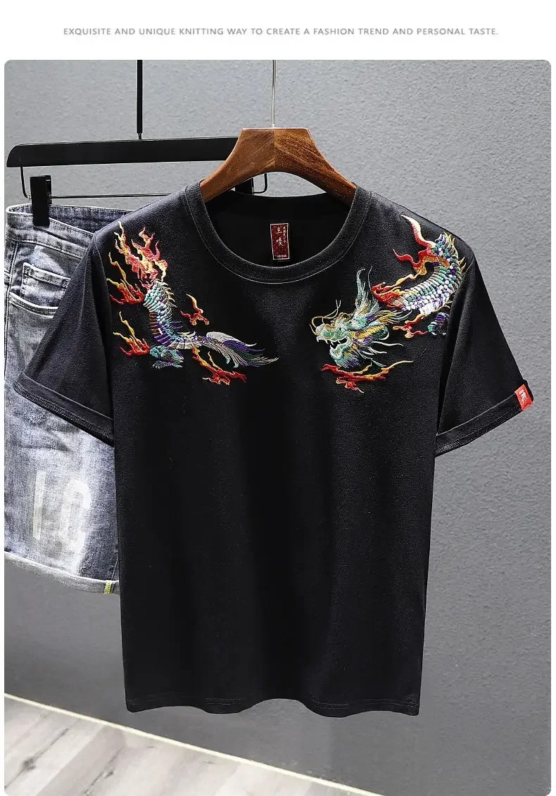 Men&rsquo;s Dragon Embroidered T-Shirt Casual Short Sleeve Summer Ethnic Style Top