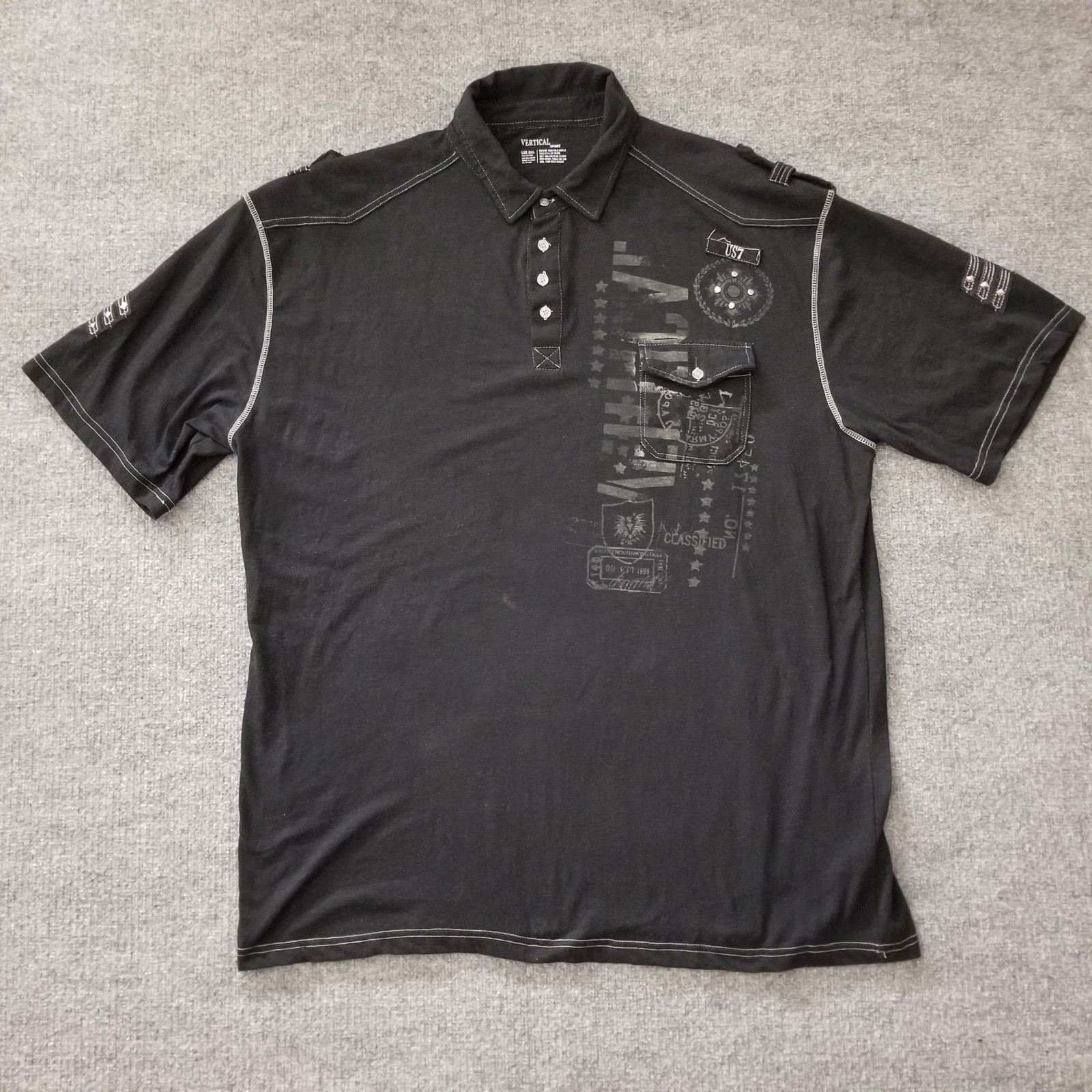 Vertical Sport US7 Men Shirt 5XL Black Graphic Short Sleeve V Neck 1/4 Button *