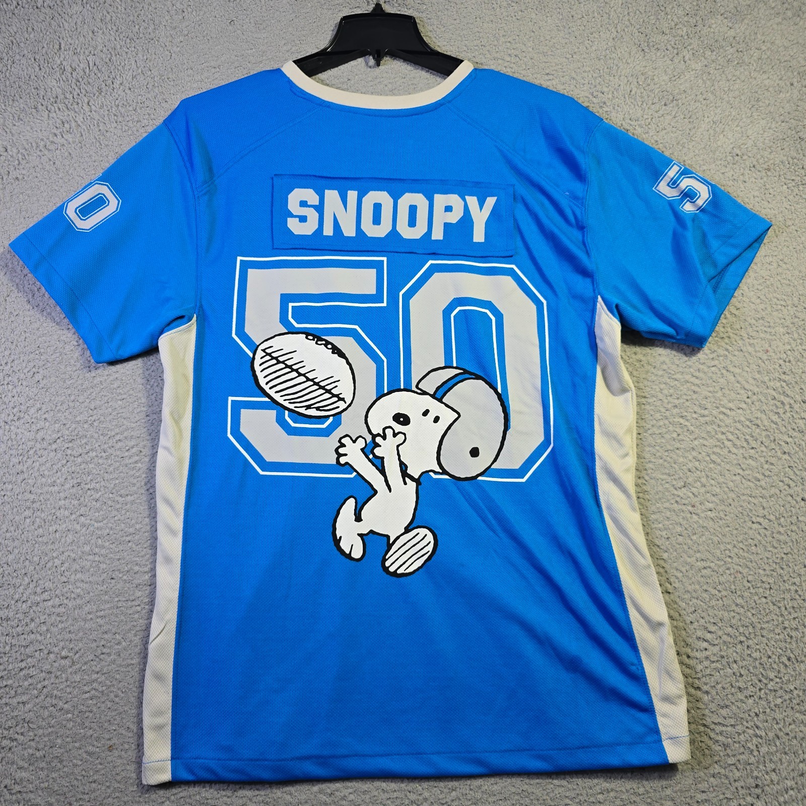 Peanuts® 50 Football jersey shirt Mens Large Blue Charlie Brown Snoopy Light NWD