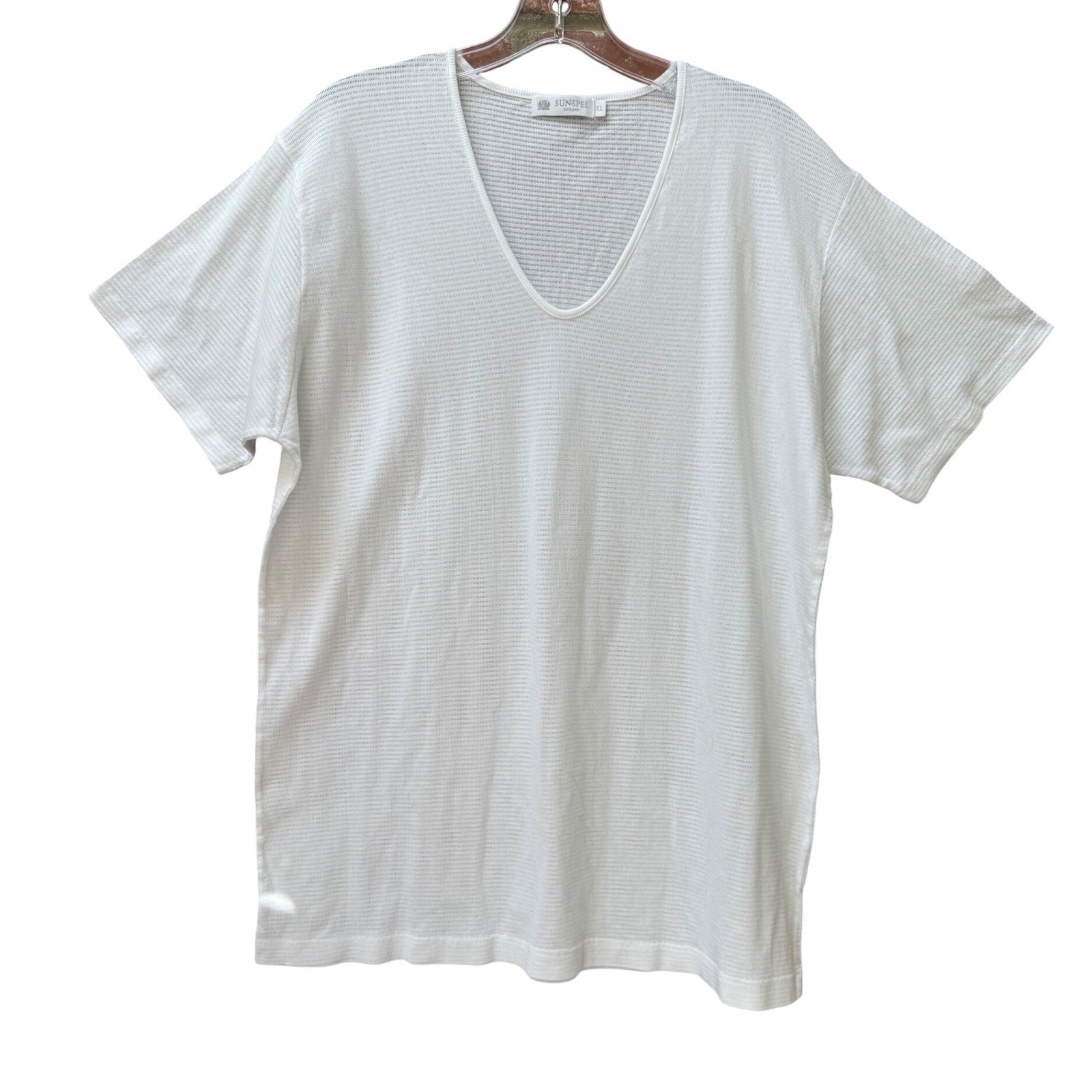 Sunspel England Mens XL White Cotton Cellular Mesh Deep V-Neck T-Shirt Knit Top