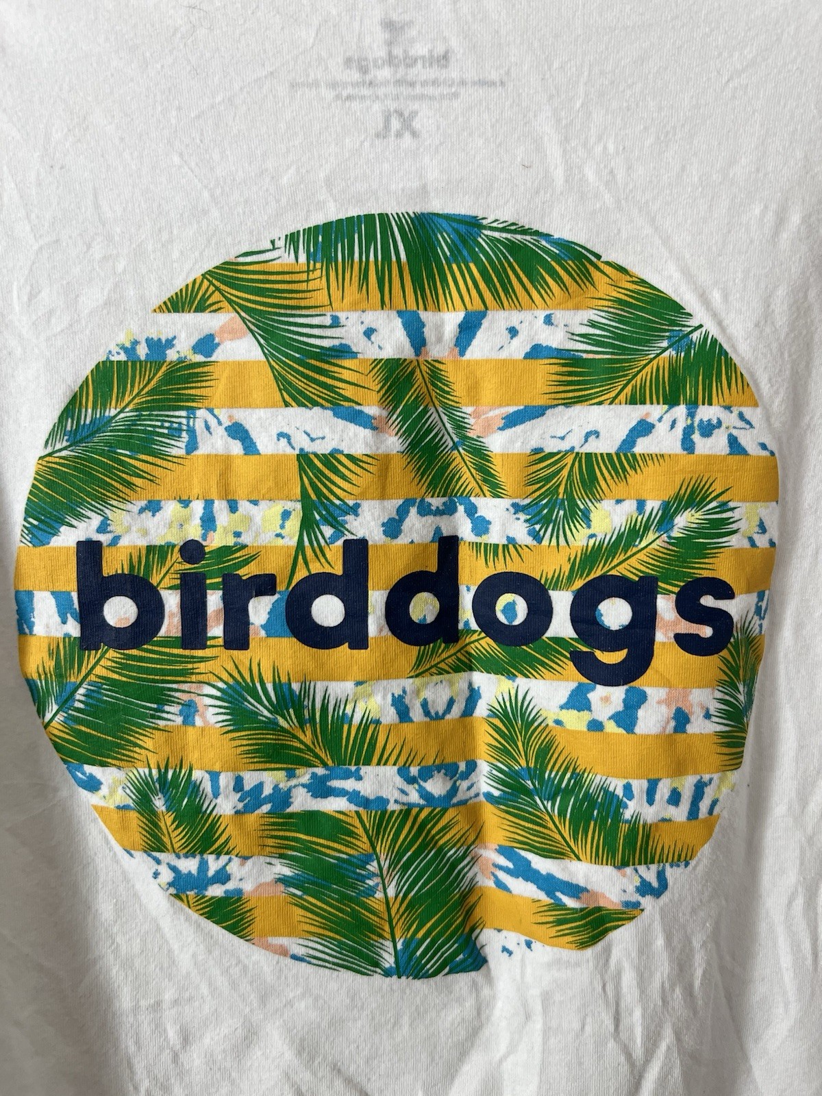 Birddogs Shirt Mens XL White Palm Tree Circle Logo Graphic Beach Bird Logo Golf
