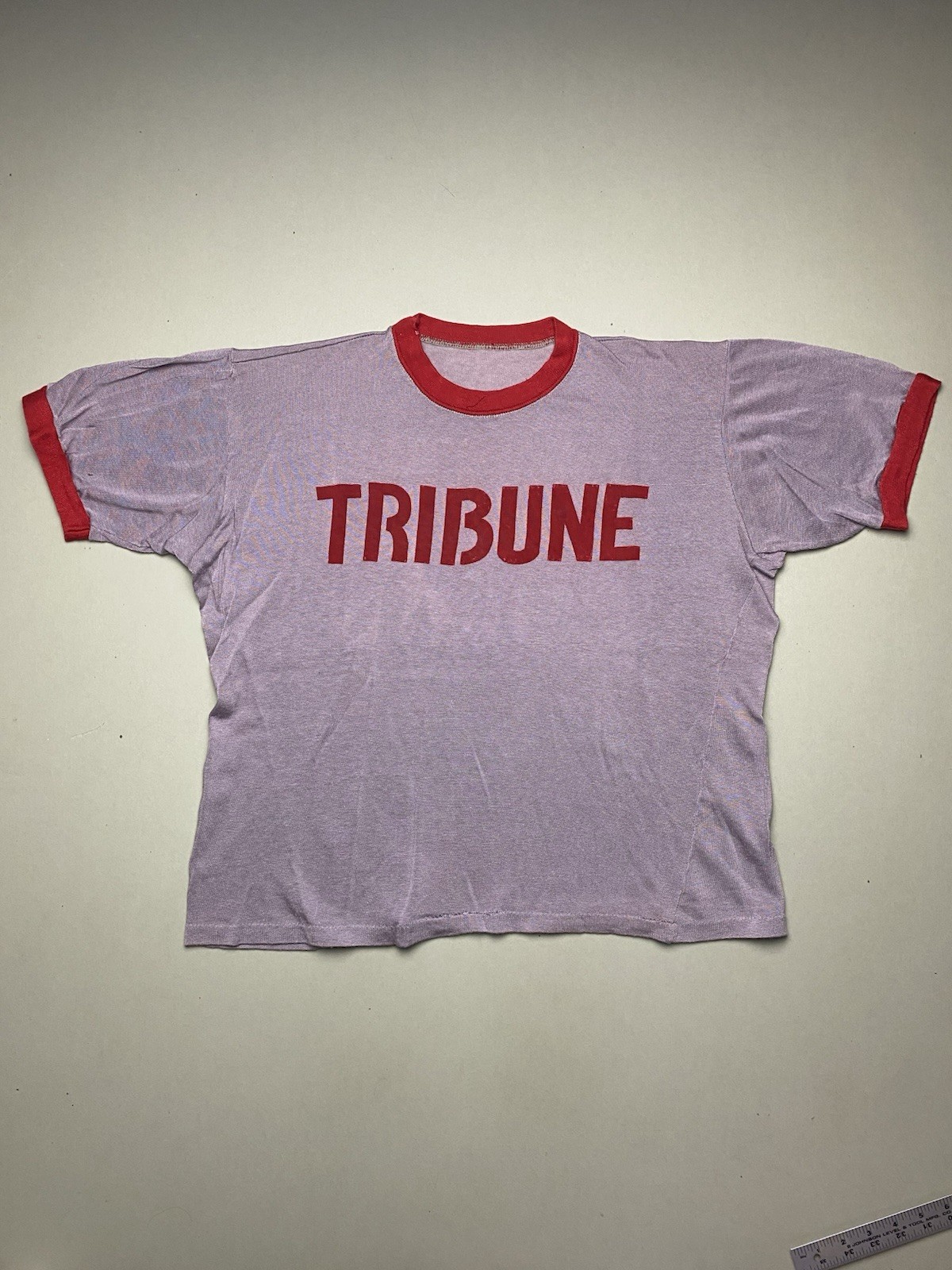 True Vintage 1970s Tribune Newspaper Ringer T-Shirt Single Stitch Acrylic Boxy