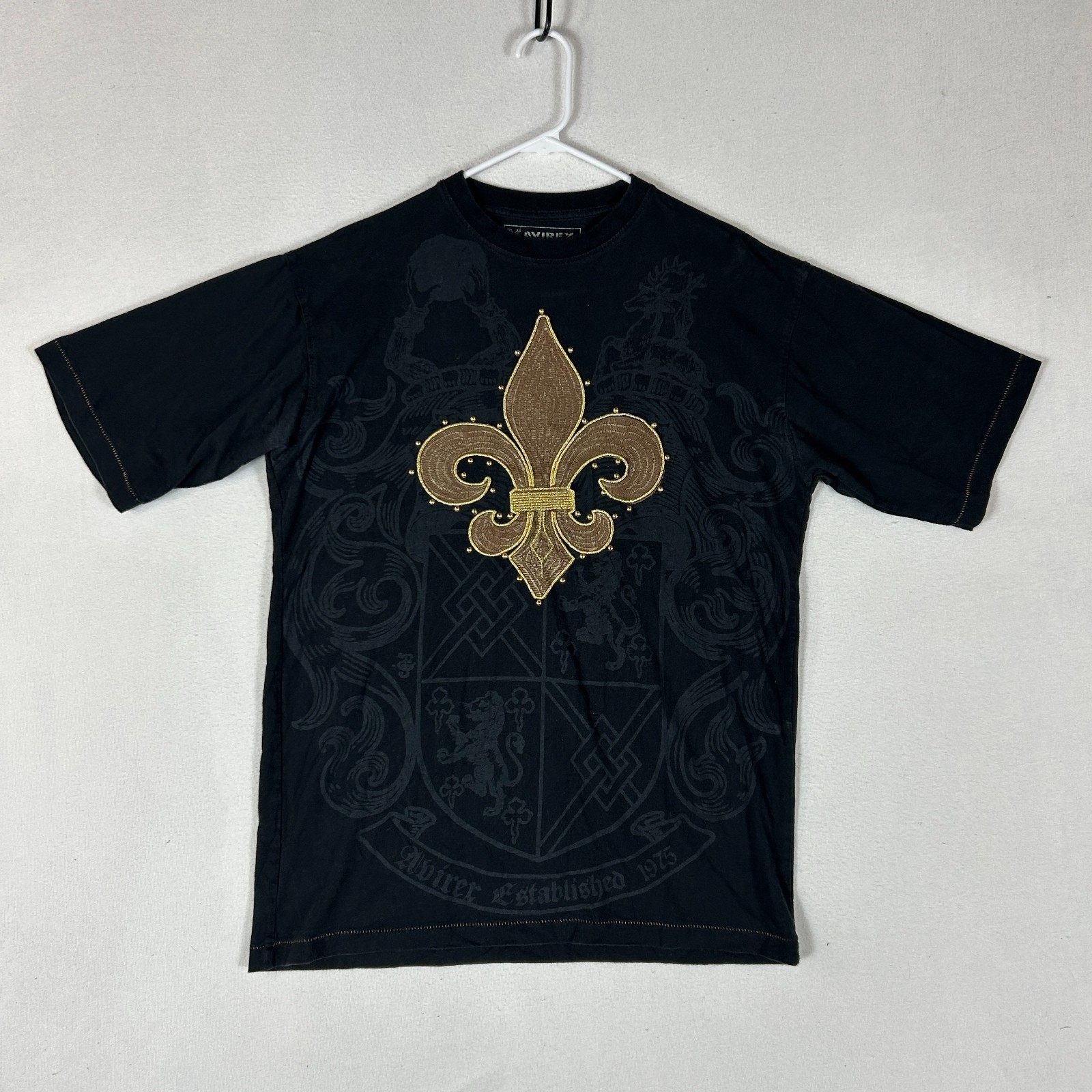 Avirex T-Shirt Mens Medium Black fleur-de-lis Embroidered Single Stitch Y2k VTG