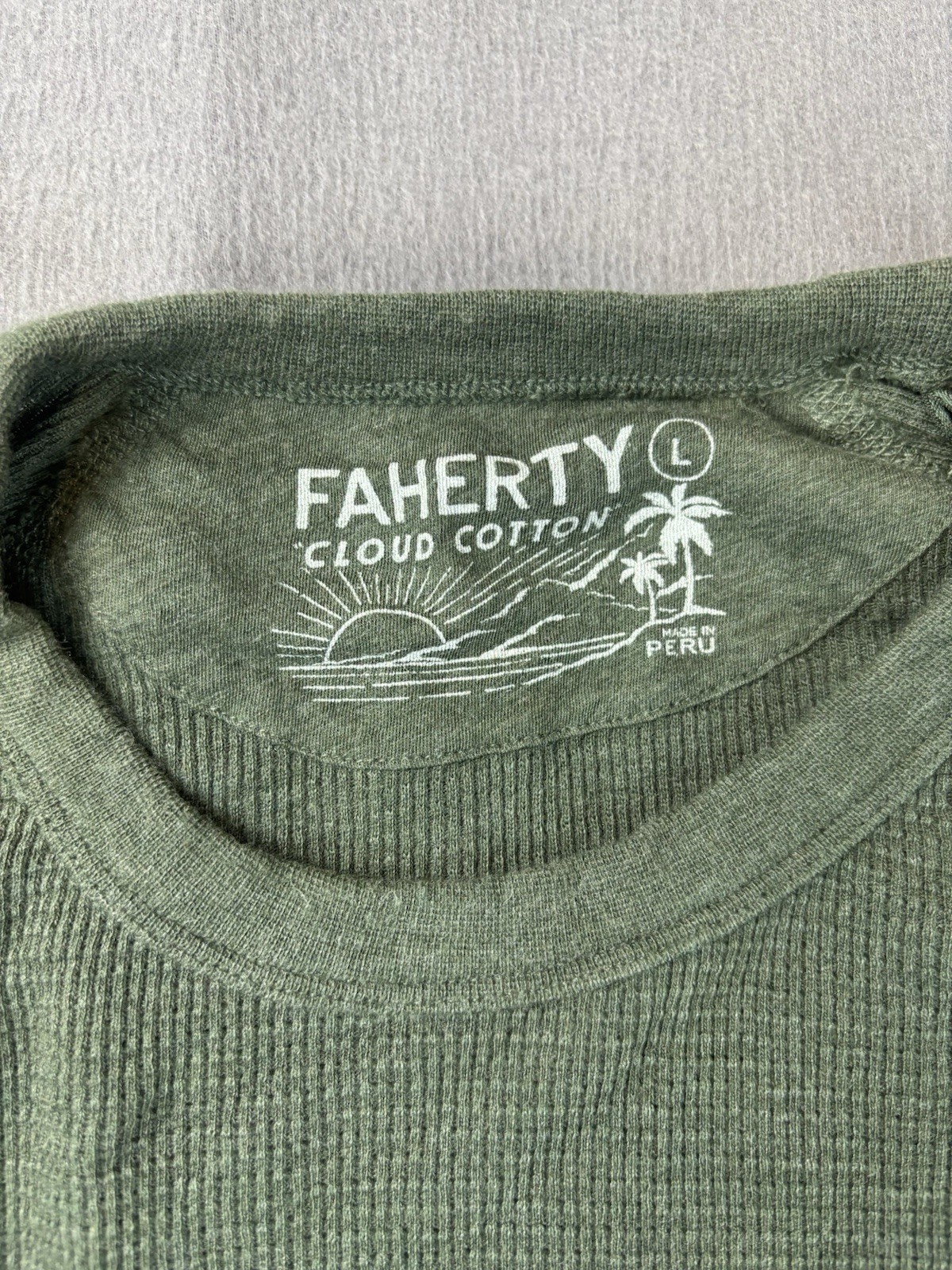 Faherty Shirt Mens Large Green Cloud Cotton Waffle Knit Thermal Long Sleeve
